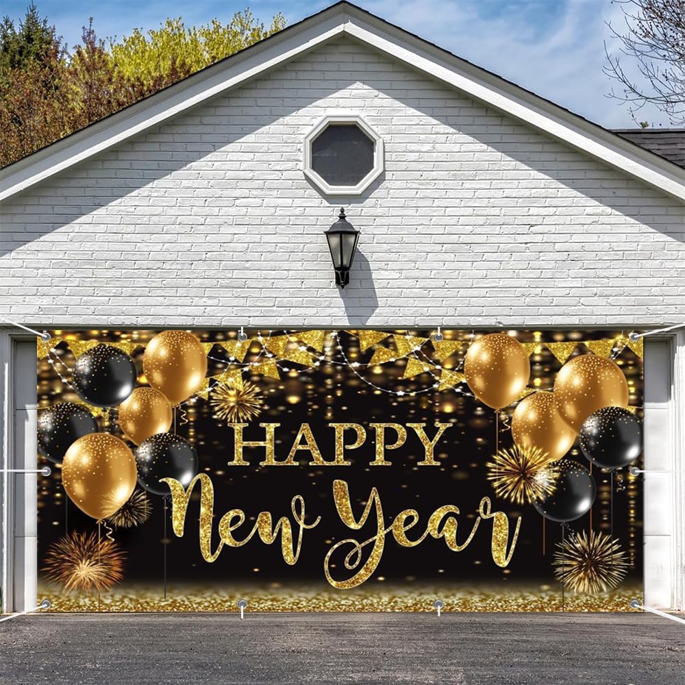 Leowefowa 2025 New Year Garage Door Decorations 10x5ft Backdrop Happy New Year Eve Background Garage Door Covers Black Gold Glitter Balloon Garage Door Banner for Baby Shower Birthday Party