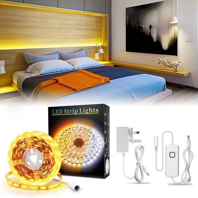 Yellow Led Strip Light 5m, Bason Dimmable 2200K Led Lighting Kit, SMD2835 300 LEDs, Plug in Lights Tape Amber White Strip Lighting for Bedroom Kitchen Cupboard Stair Shelves Chrismas Decoration