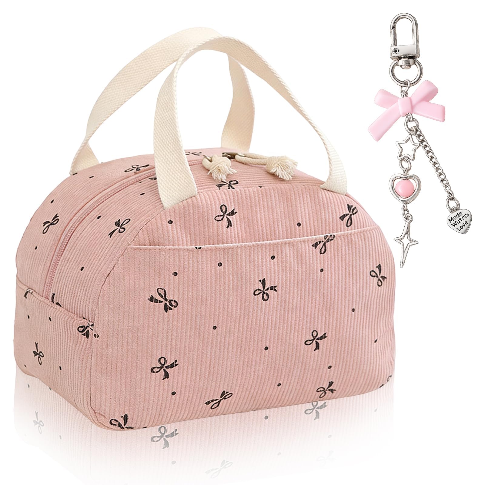 MAUDFEK Bow Lunch Bag, Girls Lunch Bag for School and Work, Lunch Bag Girls with Bow Keychain Set, Compact Lunch Box with Decorative Accessory