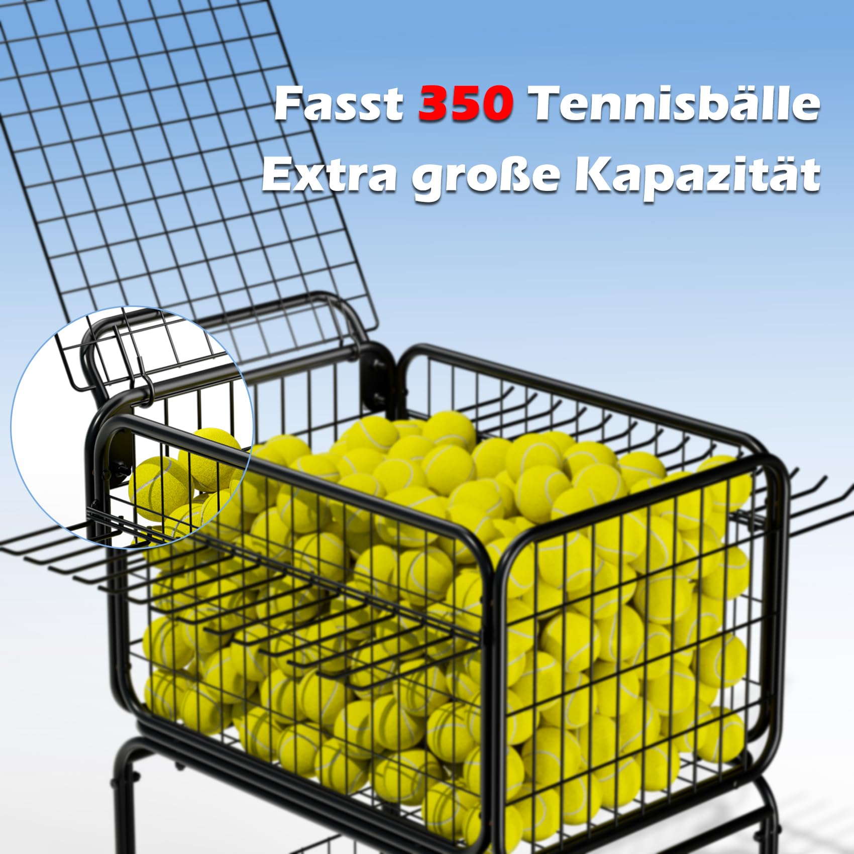 Mobiler Tennis Trainingswagen mit 2 Gitterkörben, bis 350 Tennisbälle, mit feststellbaren 360° Rollen & Schlägerhaltern für Tennis Pickleball, geeignet für Sportplatz und Garage