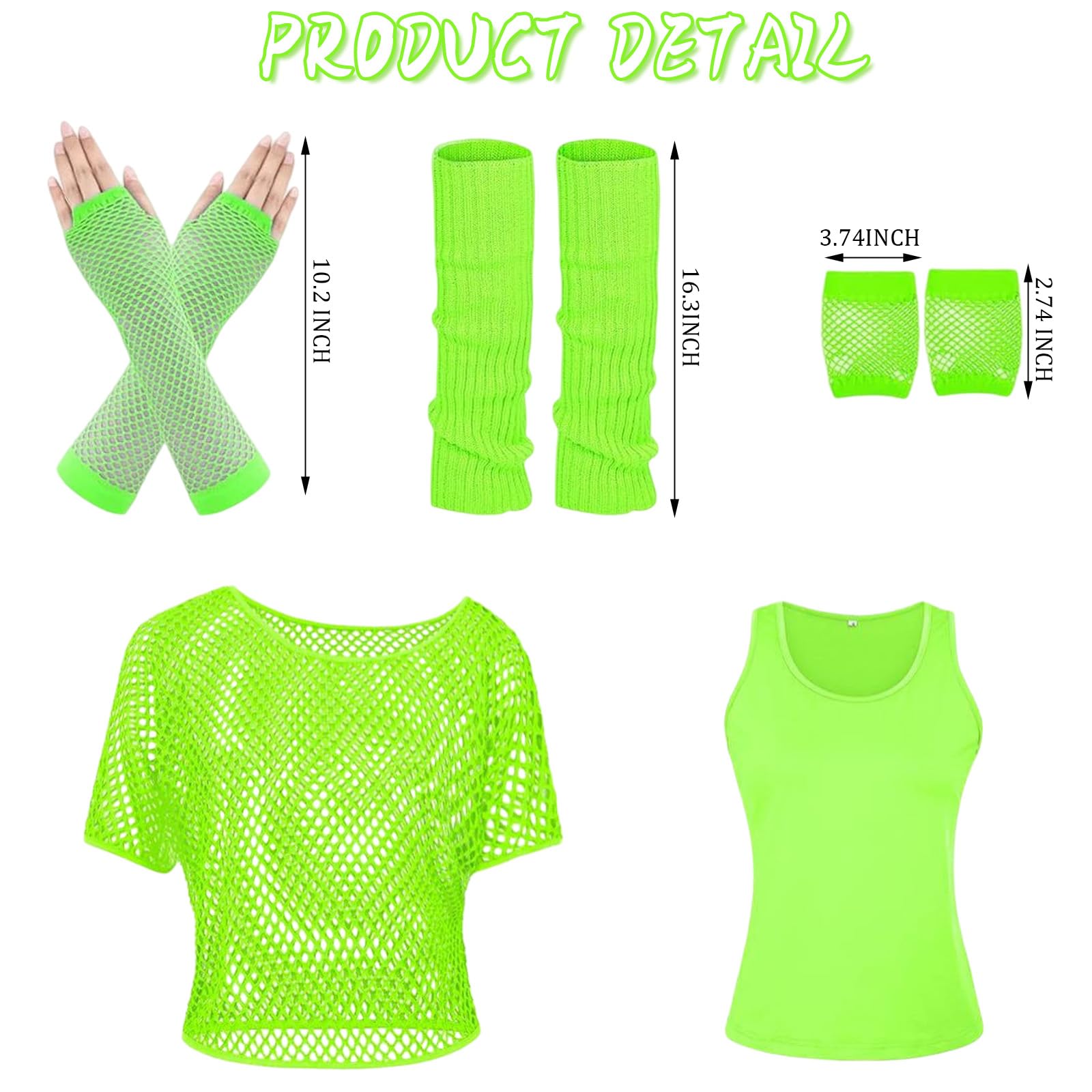 MUNSKT Women's Neon Outfit, 80s 90s Fishnet T-Shirt Sleeveless Top with Gloves Leg Warmers - Image 2