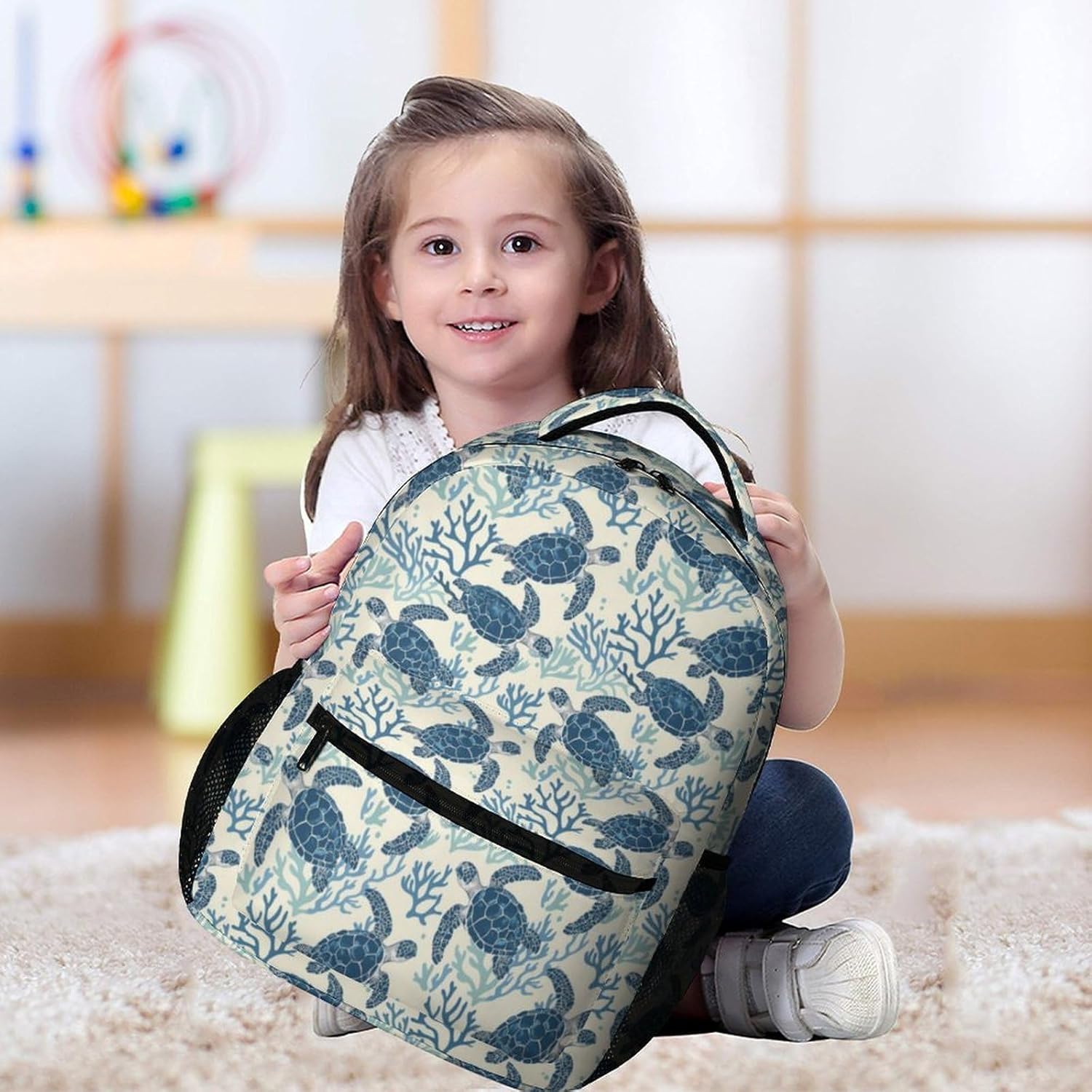 Sea Turtle Backpack for Kids Girls Boys School, 16 Inches Cute Sea Turtle Theme Bookbag, Adjustable, Lightweight, Large Capacity, Colorful