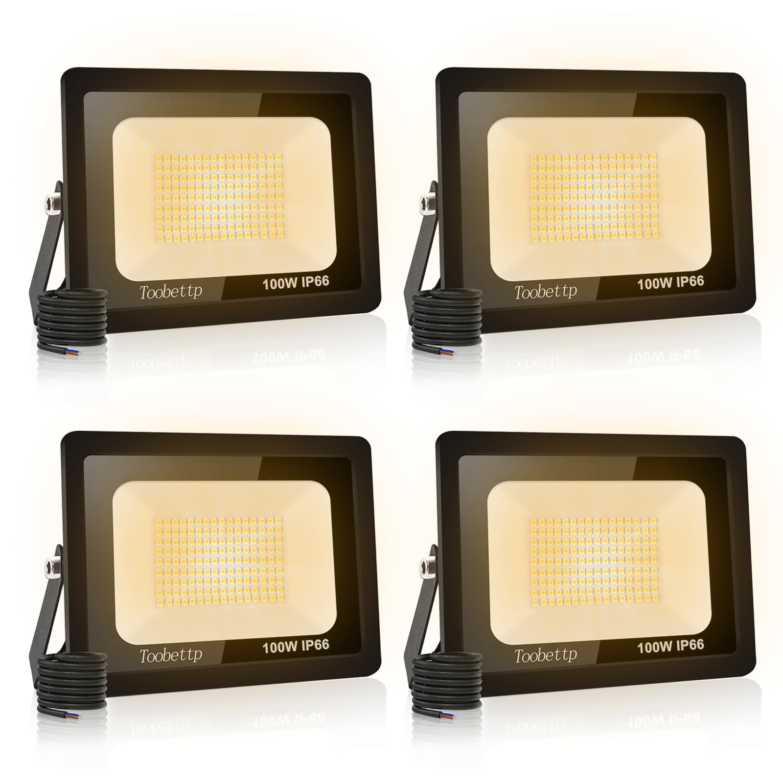 toobettp 4 Pieces 100W Outdoor LED Spotlight, 10000LM LED Spotlights 3500K Warm White, IP66 Waterproof Wall Light for Garage, Garden, Patio, Park
