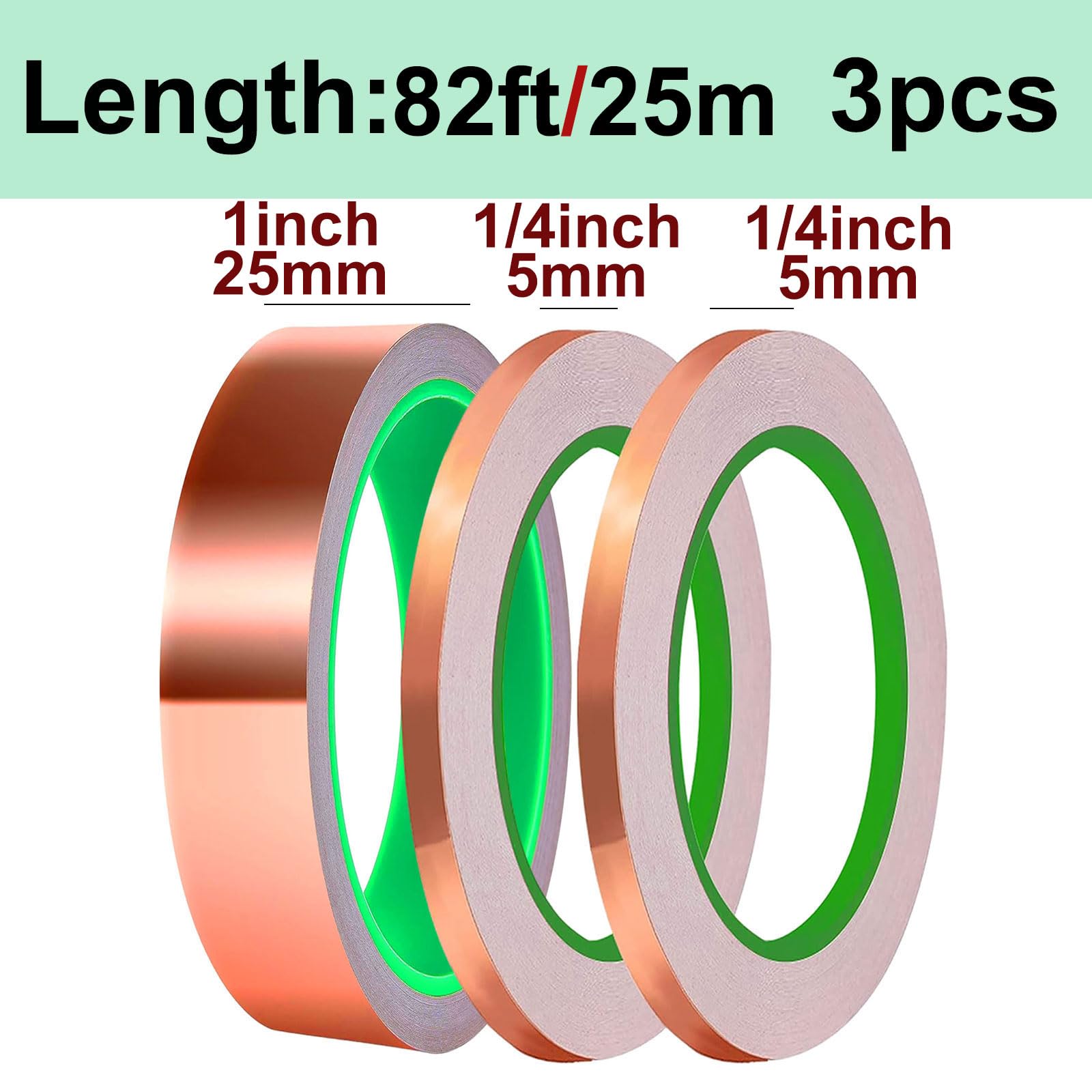 COYOUCO Copper Foil Tape, Copper Tape 3Pcs (1Inch 1/4Inch 1/4Inch X 82 FT) Copper Foil with Conductive Adhesive for Guitar, EMI Shielding, Crafts, Electrical Repairs and Grounding