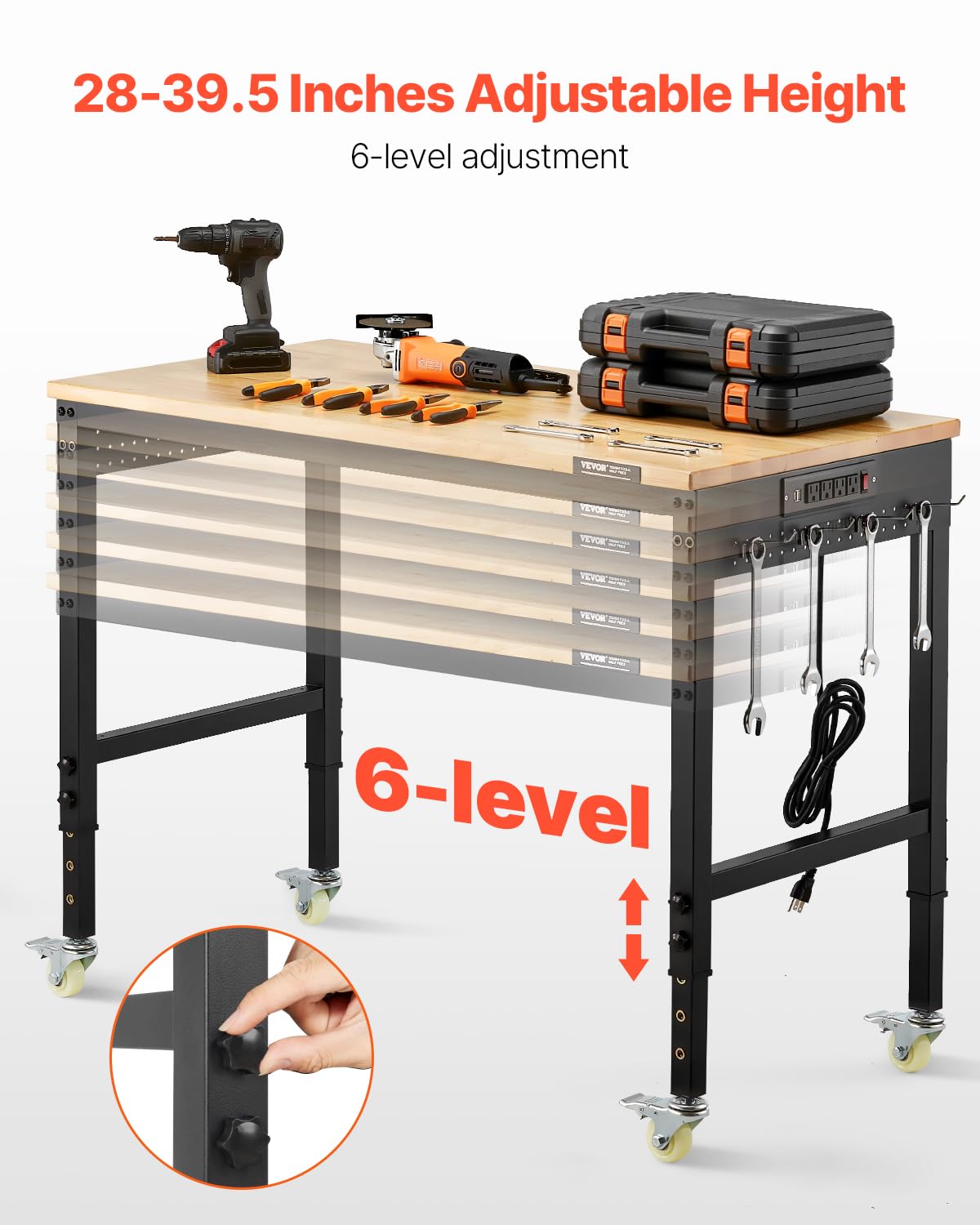VEVOR Werkbank 1220x610x711-1003mm, 907 Tragkraft, Werkbank mit Steckdose, Rädern und Stecktafel, robuster Arbeitstisch mit Eichenholzplatte für Garage, Werkstatt, Büro und Zuhause