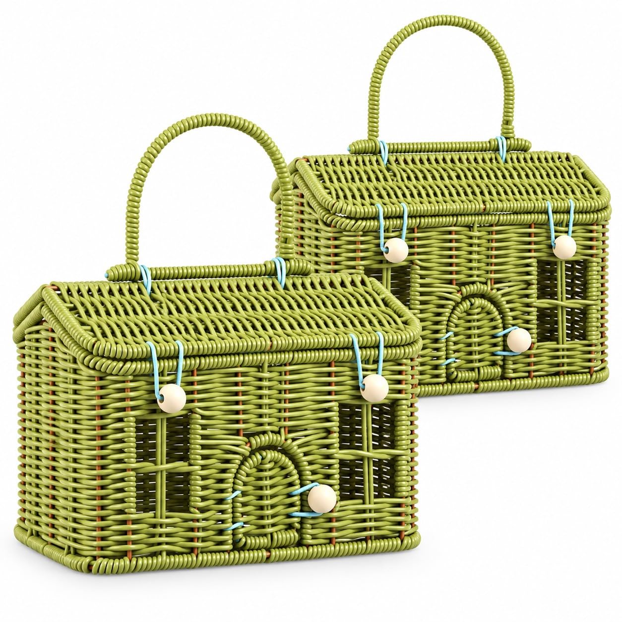 2PCS Wicker Picnic Basket with Lid & Handle,Portable Garden Harvest Basket