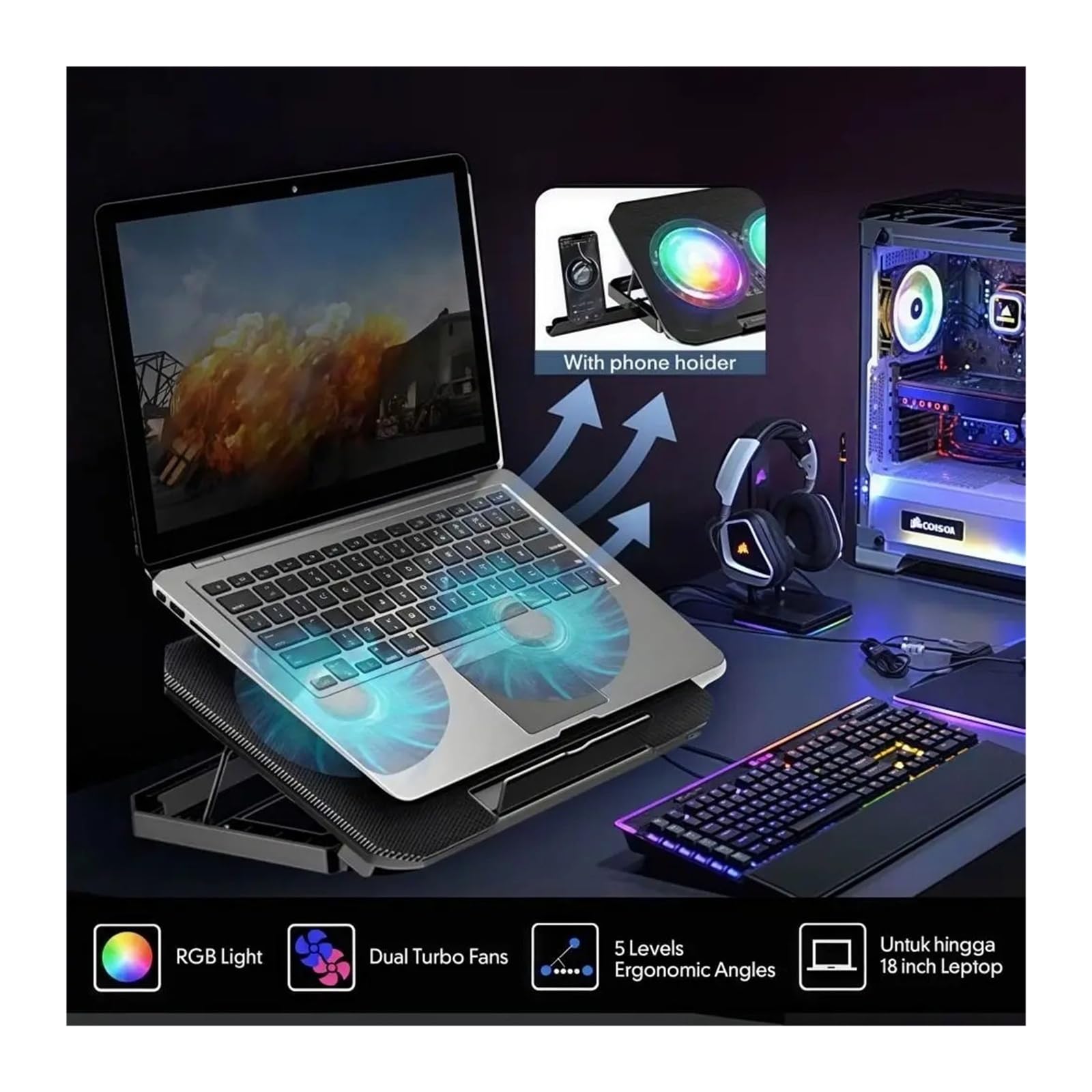 Enfriador de portátil con Dos Ventiladores, Almohadilla de refrigeración Grande RGB Ajustable, Soporte for teléfono, Base de refrigeración for portátil con Ajuste de 7 velocidades(RGB Two Fan)