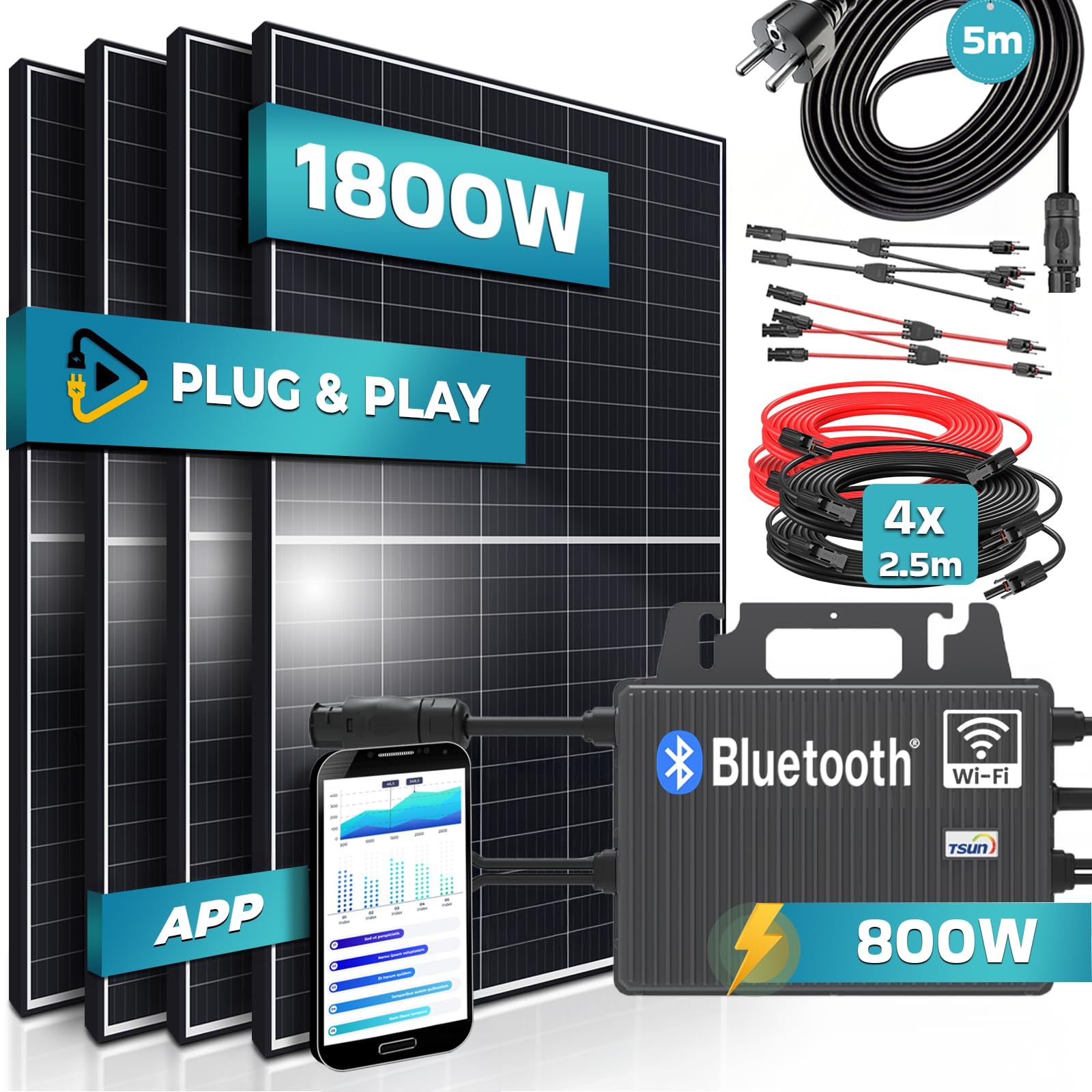 SUNNIVA® 1800W Balkonkraftwerk 800W komplett Steckdose - TSUN 800W Wechselrichter - PV Solaranlage Komplettset - 4x 450W (1800W) Solarmodule - inkl. 5m Kabel - Bluetooth, WIFI