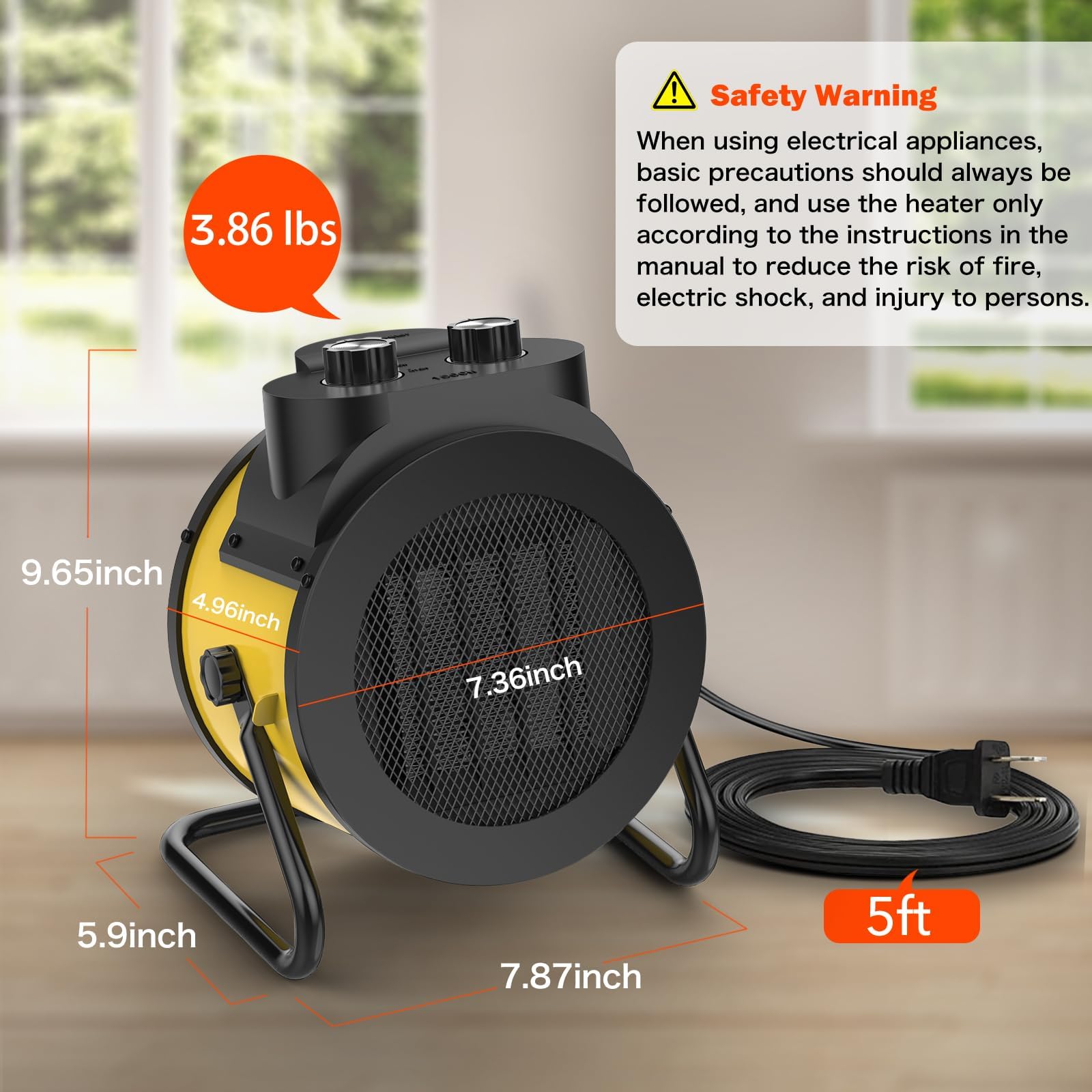 Riscaldatori per ambienti interni, riscaldamento elettrico PTC 1500W con angolo regolabile di 90°, riscaldamento rapido di sicurezza, piccolo riscaldatore portatile per ufficio e casa (giallo)