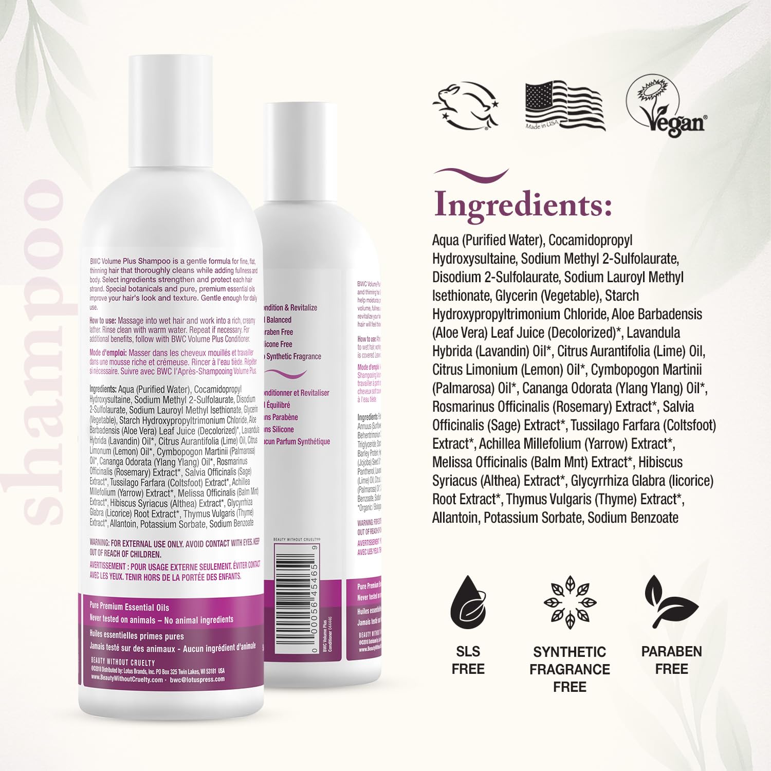 Beauty Without Cruelty Shampoo and Conditioner Set, Volume Plus – Aromatherapy for Fine Hair Care, Vegan-Friendly & Cruelty-Free, 16 Oz Ea