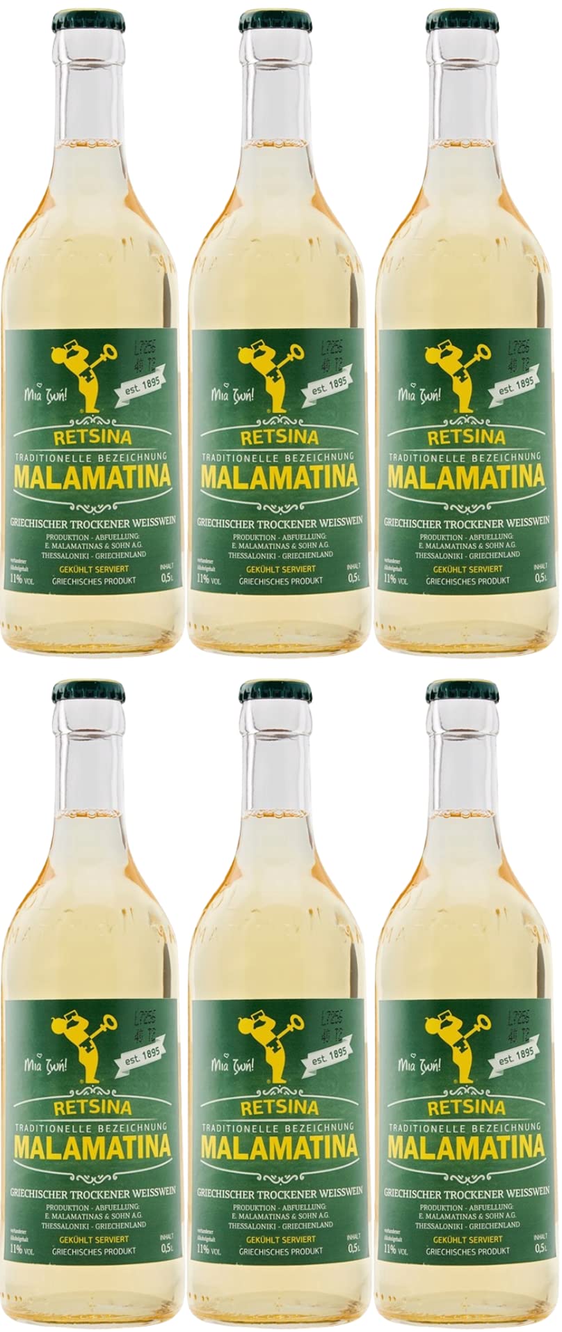 Retsina Malamatina 6x 0,5l Flasche | Geharzter Weißwein aus Griechenland | 10,5% Vol. | +20ml Jassas Olivenöl