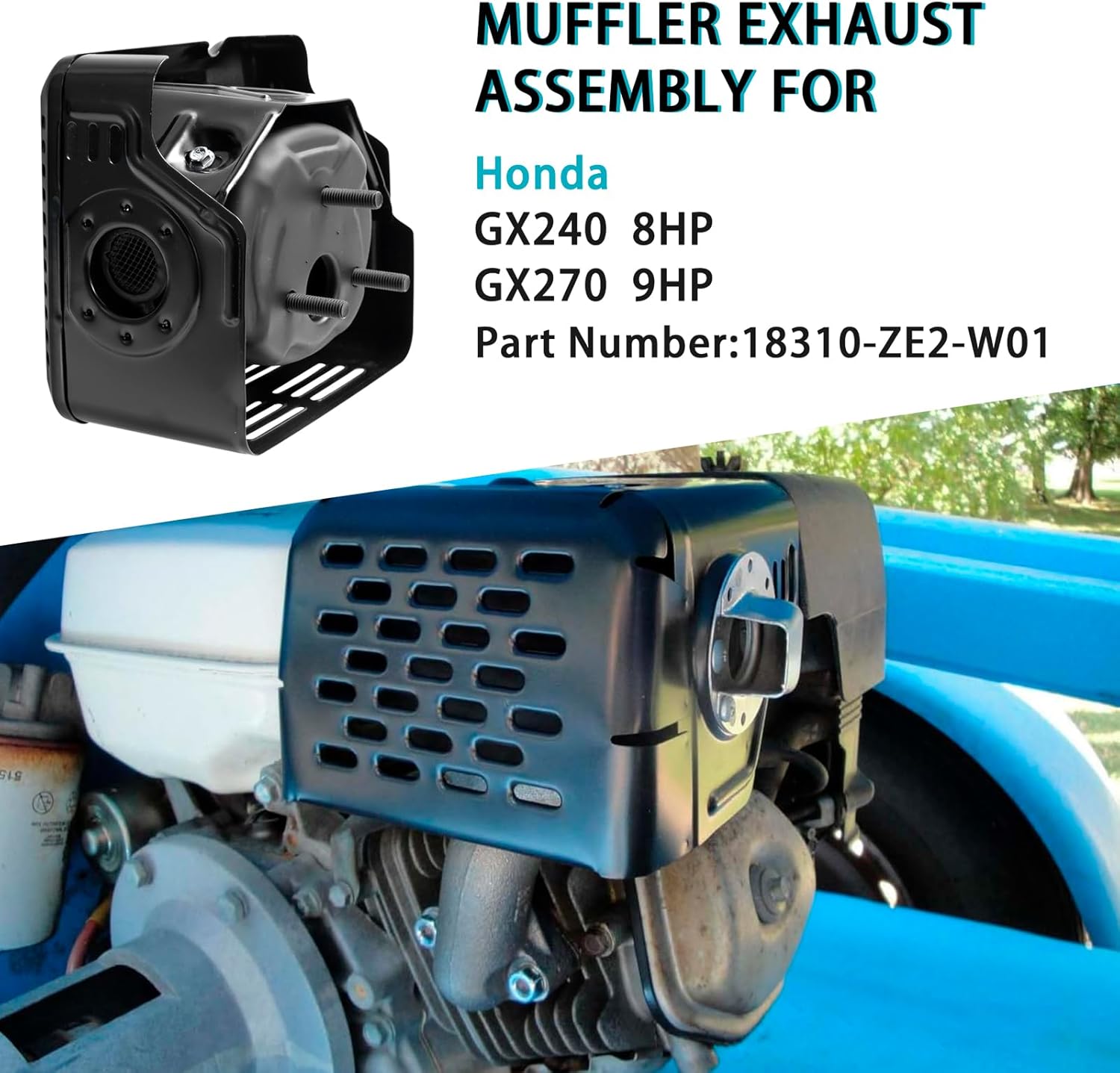 Muffler Exhaust Assembly Fits GX240 GX270 8HP 9HP Engine Motor Predator 301cc 270cc, Muffler Engine Parts for water pump, pressure washer,compressor, snowblower, No nuts