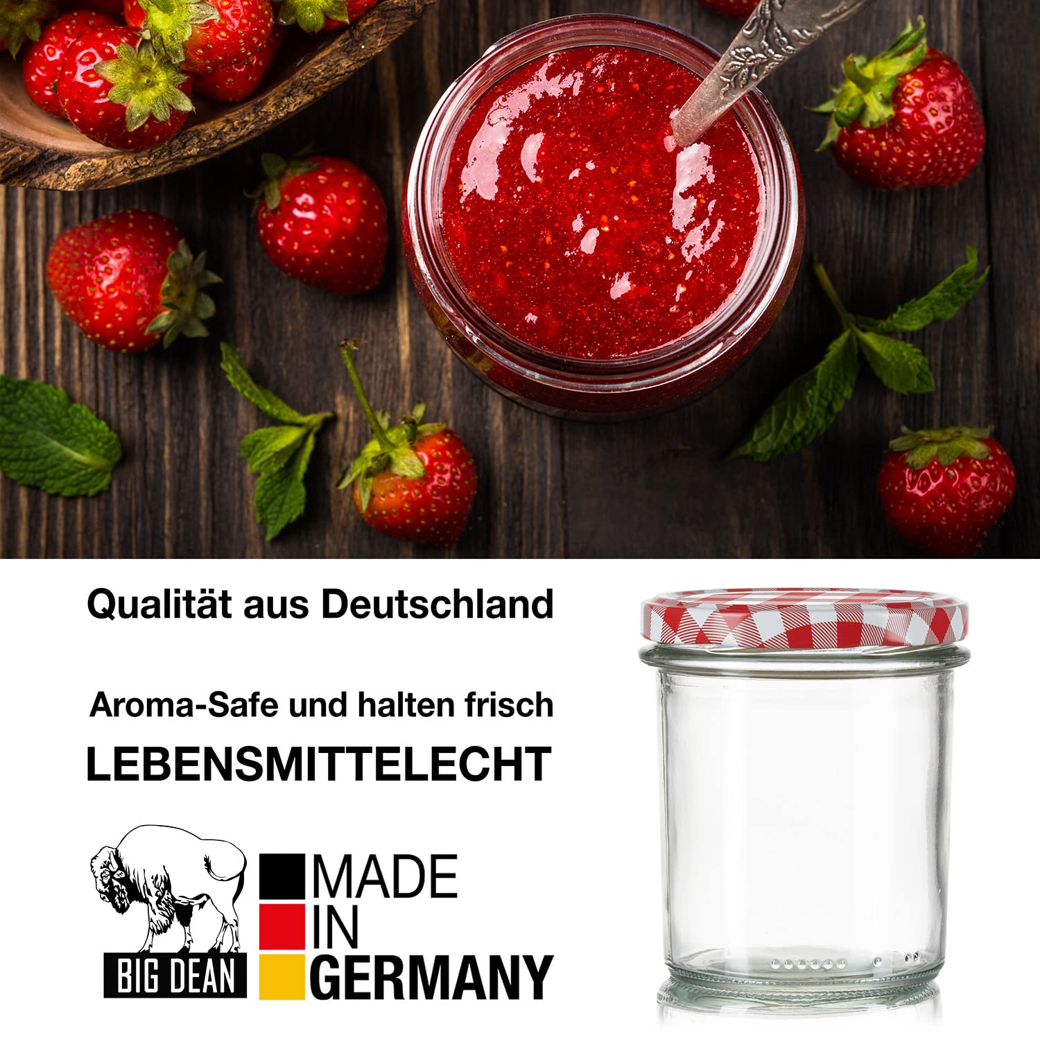 BigDean 108 Sturzgläser 350ml Einmachgläser Schraubgläser TO82 mit Deckel | Einweckgläser Marmeladengläser mit Schraub-Deckel TO 82 - Rot kariert - Made in Germany