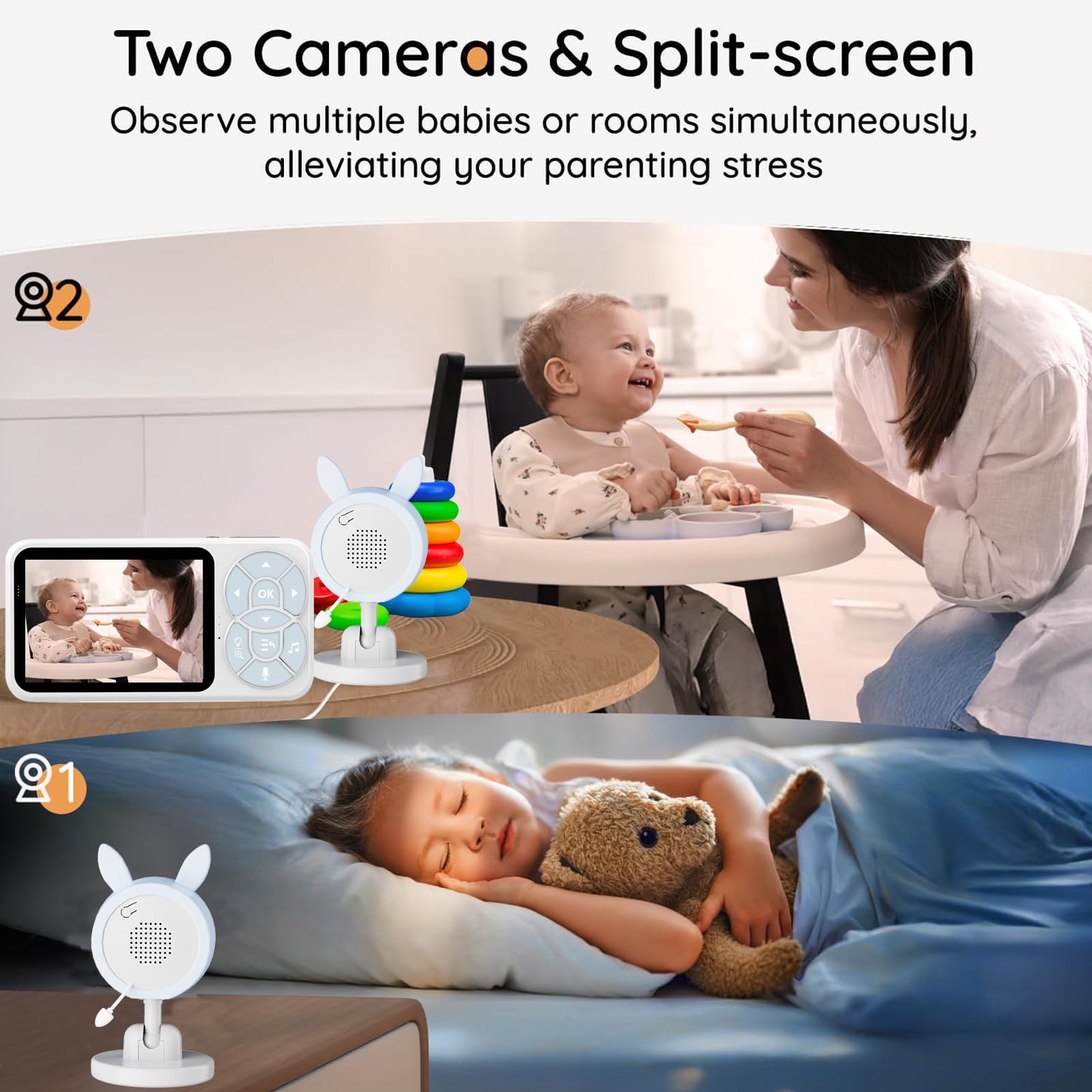 Camara Vigilancia Bebe, Monitor con Pantalla IPS 3.5", Sin WiFi Vigilabebes con batería de 30 Horas,Control Remoto Pan-Tilt-Zoom, 2 Vías Comunicación, Visión Nocturna y Canciones de Cuna