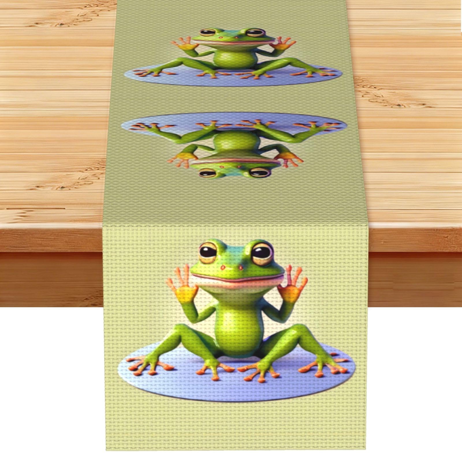 The funny frog doing yoga Linen Look Table Runner 13x72-Wrinkle Resistant Farmhouse Style for Dining Table Decor