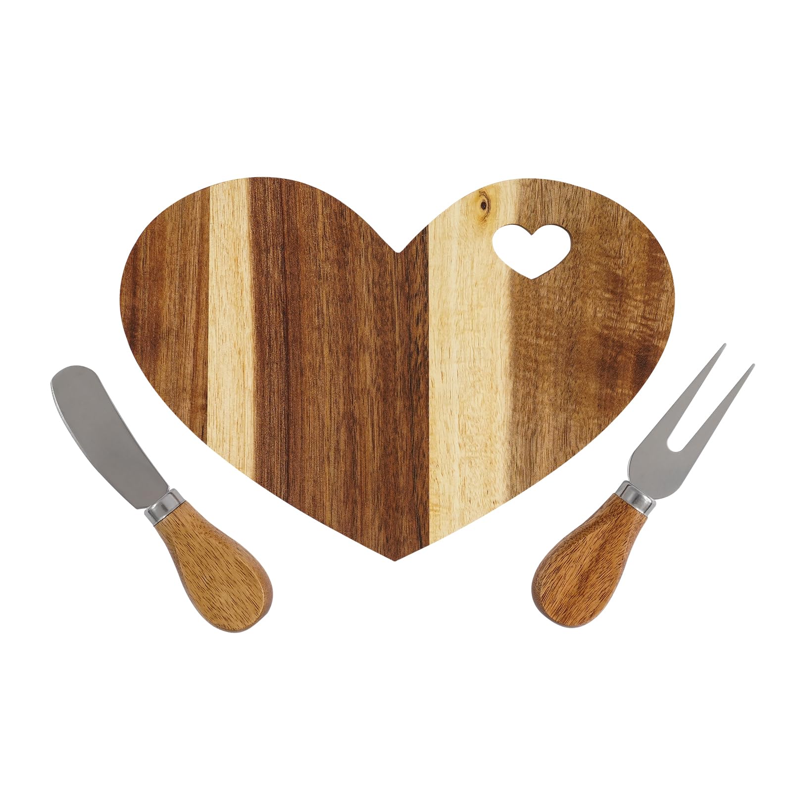 18-teiliges Käsebrett mit Käsemesser Set, Holz Käseplatte Herzform aus Akazienholz, inkl. 18 Messer & 18 Gabeln, Schneidebrett für Käse, Obst & Dessert, Geschenkbox mit Dankeskarte