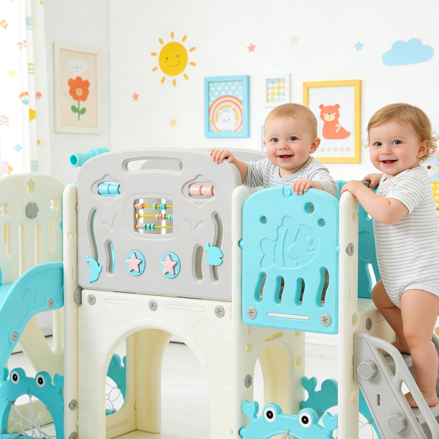 11-in-1 Multi-Activity Toddler Playset with Slide, Basketball Hoop & Telescope - Indoor/Outdoor Playground (Blue+Beige)