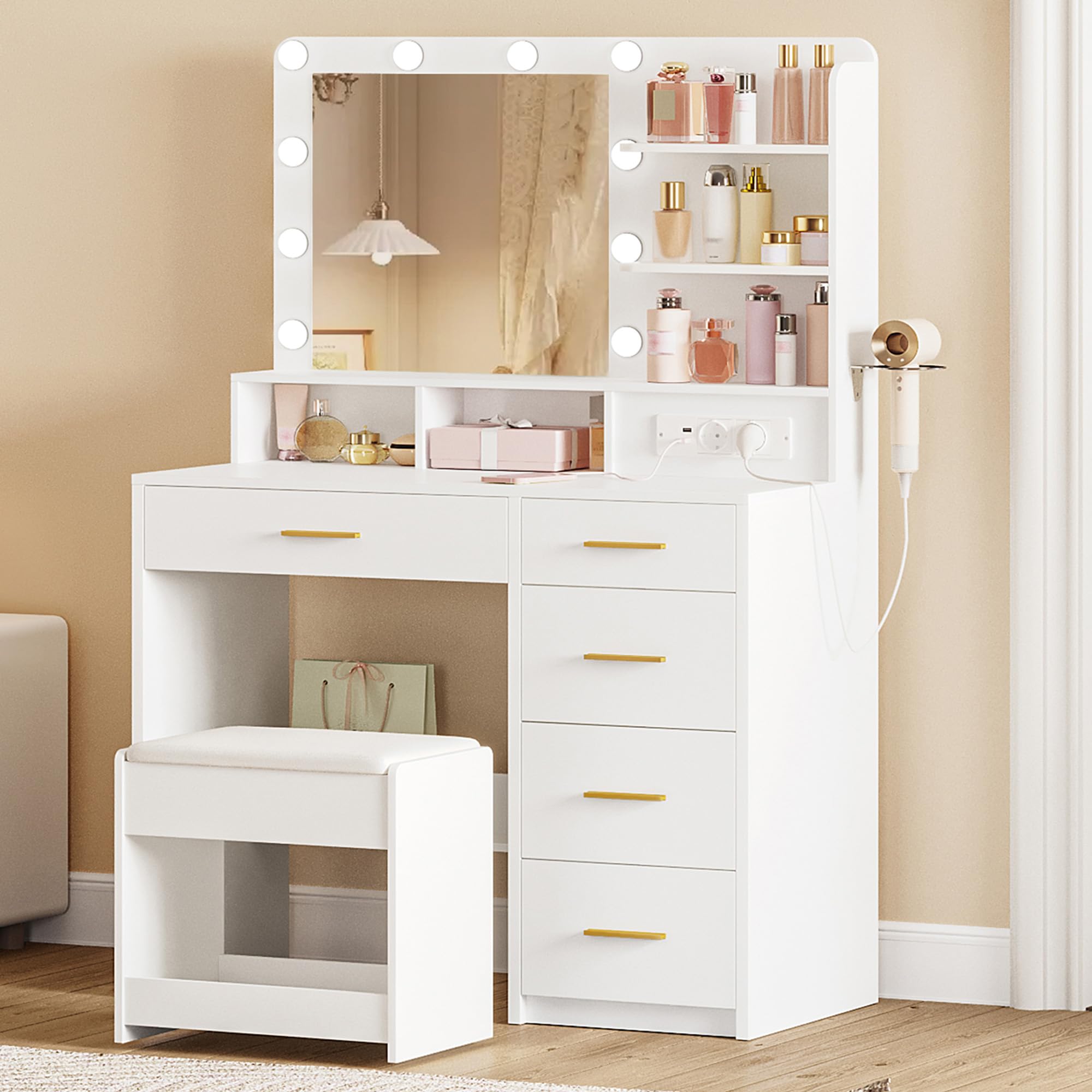 Toeletta Trucco Con Luci LED Hzuaneri - Specchio Grande, Cassetti E Vanità Bianco-Oro - Foto 2