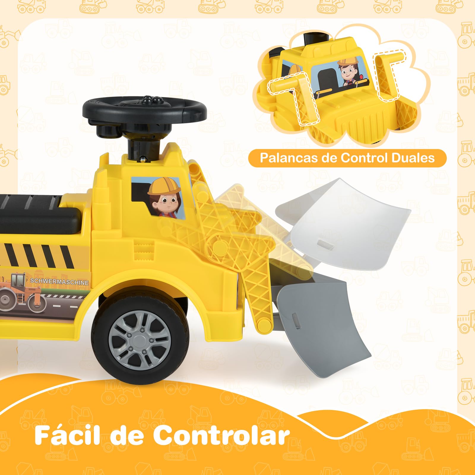 COSTWAY Coche Correpasillos para Niños, Excavadora de Nieve de Paseo Infantil con Remolque y Pala, Almacenamiento Oculto, Música, Bocina, Excavadora Correpasillos para Niños de 19-36 Meses(Estilo 2)