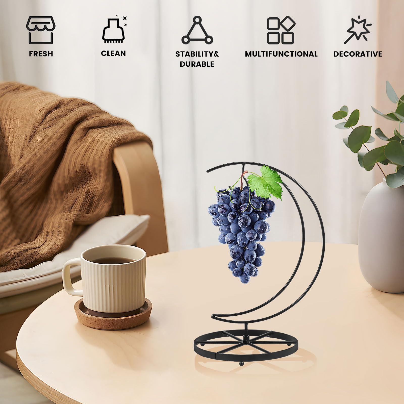 Supporto per banana Supporto per banana a forma di luna Appendiabi per frutta in metallo con base in legno Supporto stabile Supporto per uva decorativo  15