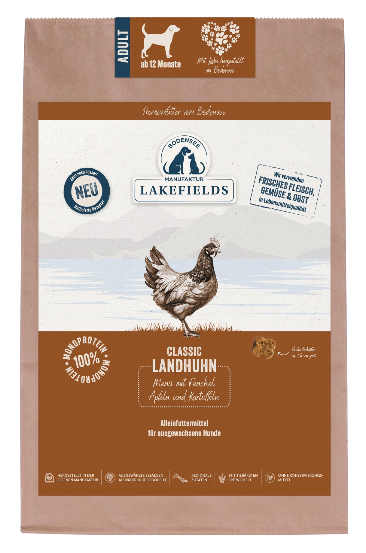 Lakefields Classic Hundefutter trocken | Huhn 60% | 4 x 2,5kg | Getreidefreies Trockenfutter für ausgewachsene Hunde | Zutaten in Lebensmittelqualität | Apfel, Karotte & Kartoffel | Schonend gebacken
