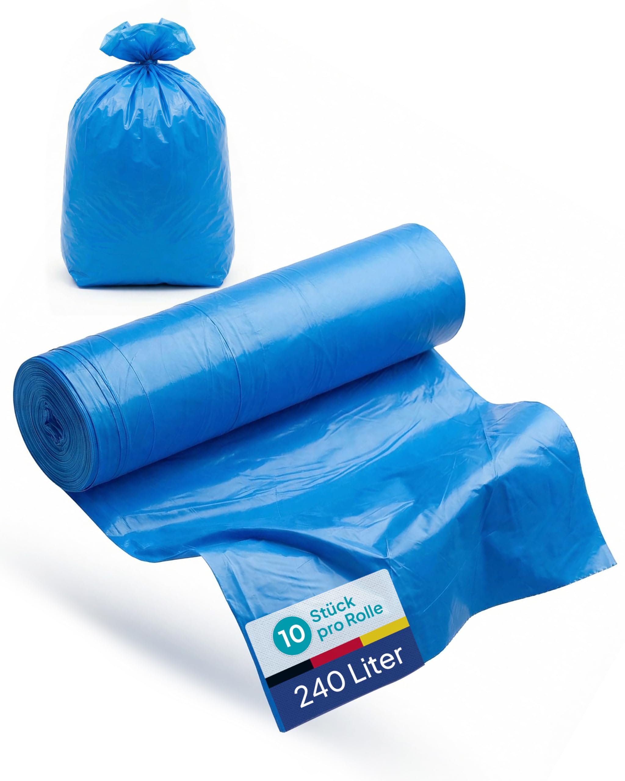 Inoverse 100 pezzi (10 rotoli) sacchi della spazzatura 240 litri, resistenti agli strappi, sacchi della spazzatura, 100 x 125 cm, sacchetti della spazzatura blu in LDPE riciclato