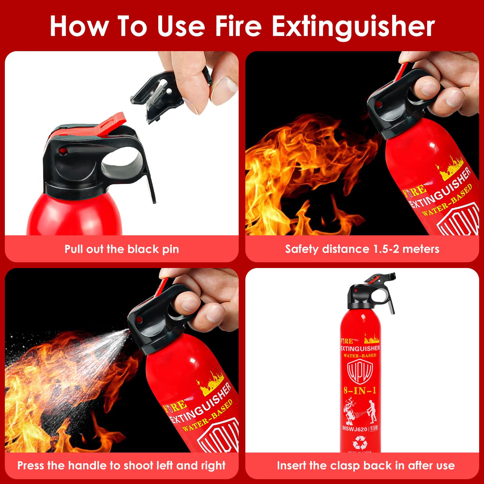 WPW 620ml Large Upgraded 8-in-1 Fire Extinguisher for Home with Wall Mount Portable Fire Extinguisher For Vehicle Car Boat Kitchen Emergency Supplies, Water-Based Solution For A, B, C, K Fire (2 Pack)