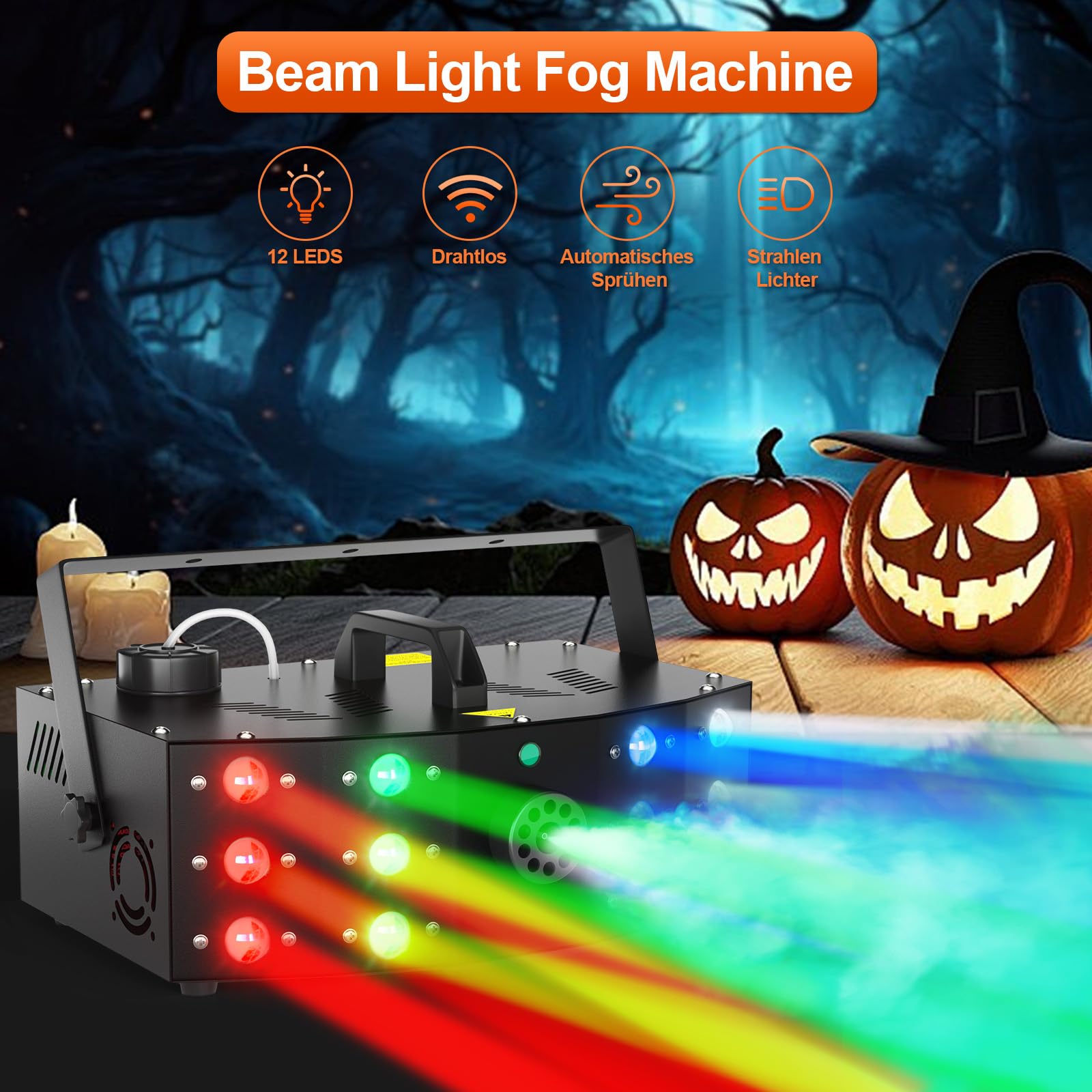 Hakuta Nebelmaschine, DMX Lichtstrahlen Rauchmaschine mit 12 LED bunten Lichtsteuerung & manuelle Steuerung & Fernbedienung Perfekt für Indoor Outdoor Hochzeit, Halloween, Party und Bühneneffekt