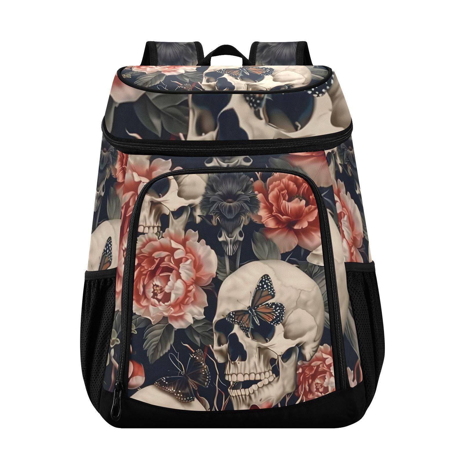 Skull Peony Butterfly Skeleton Cooler Backpack Insulated Leak Proof Beach Cooler Bag 30 Cans Waterproof Lightweight Soft Lunch Picnic Hiking Camping