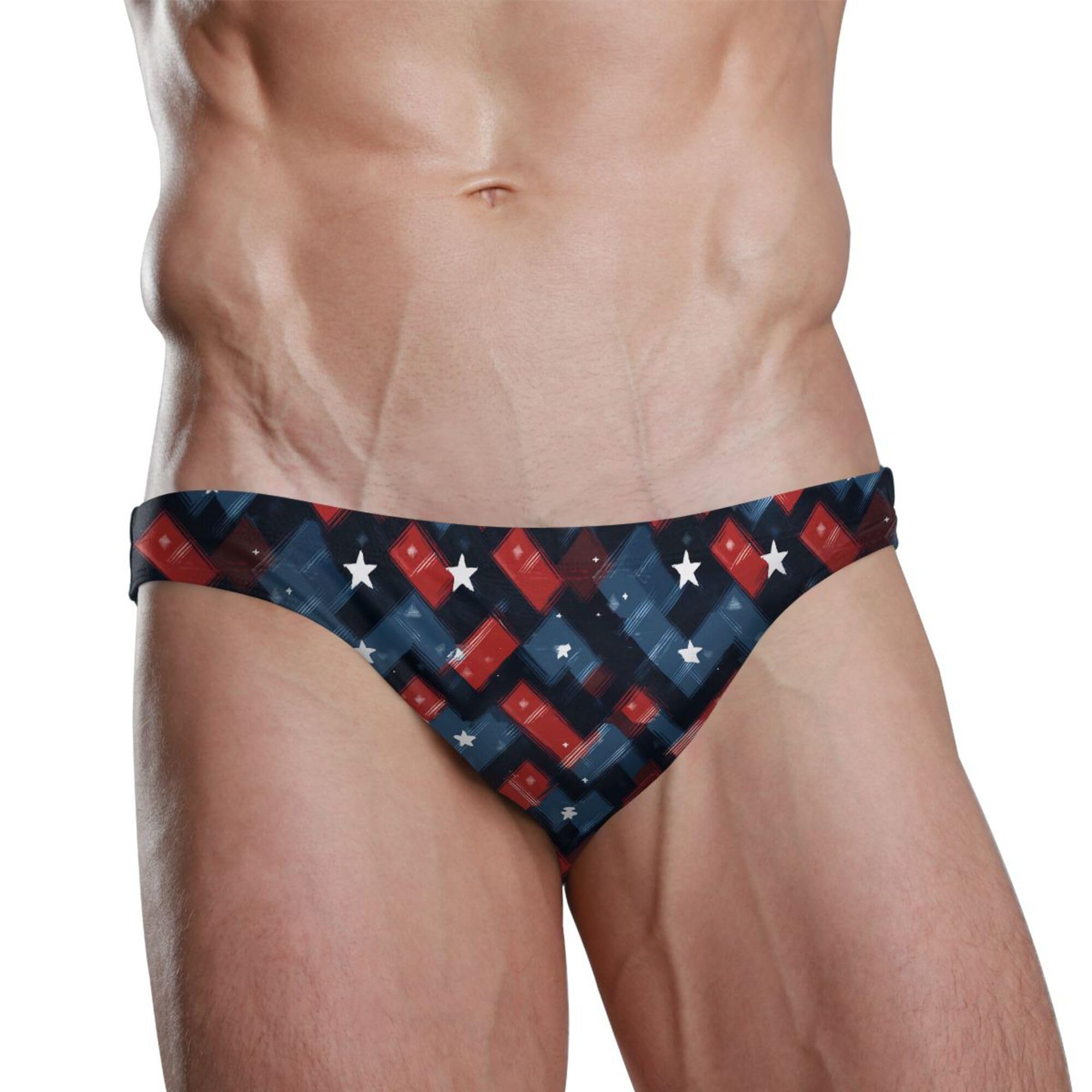 Red and Bule Buffalo Check Plaid Mens Swimwear Swim Briefs Bikini Swimsuit for Summer Beach L B0404339