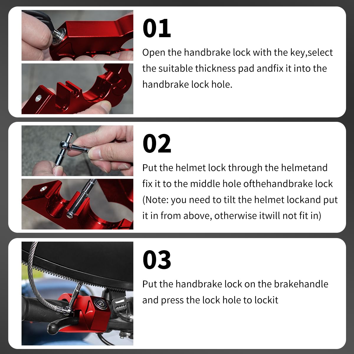 Combo de bloqueo de casco de motocicleta y manillar, bloqueo de freno antirrobo para manillares de 1.3 a 1.5 pulgadas, para todos los triciclos de bicicleta, ATV y scooter (rojo)
