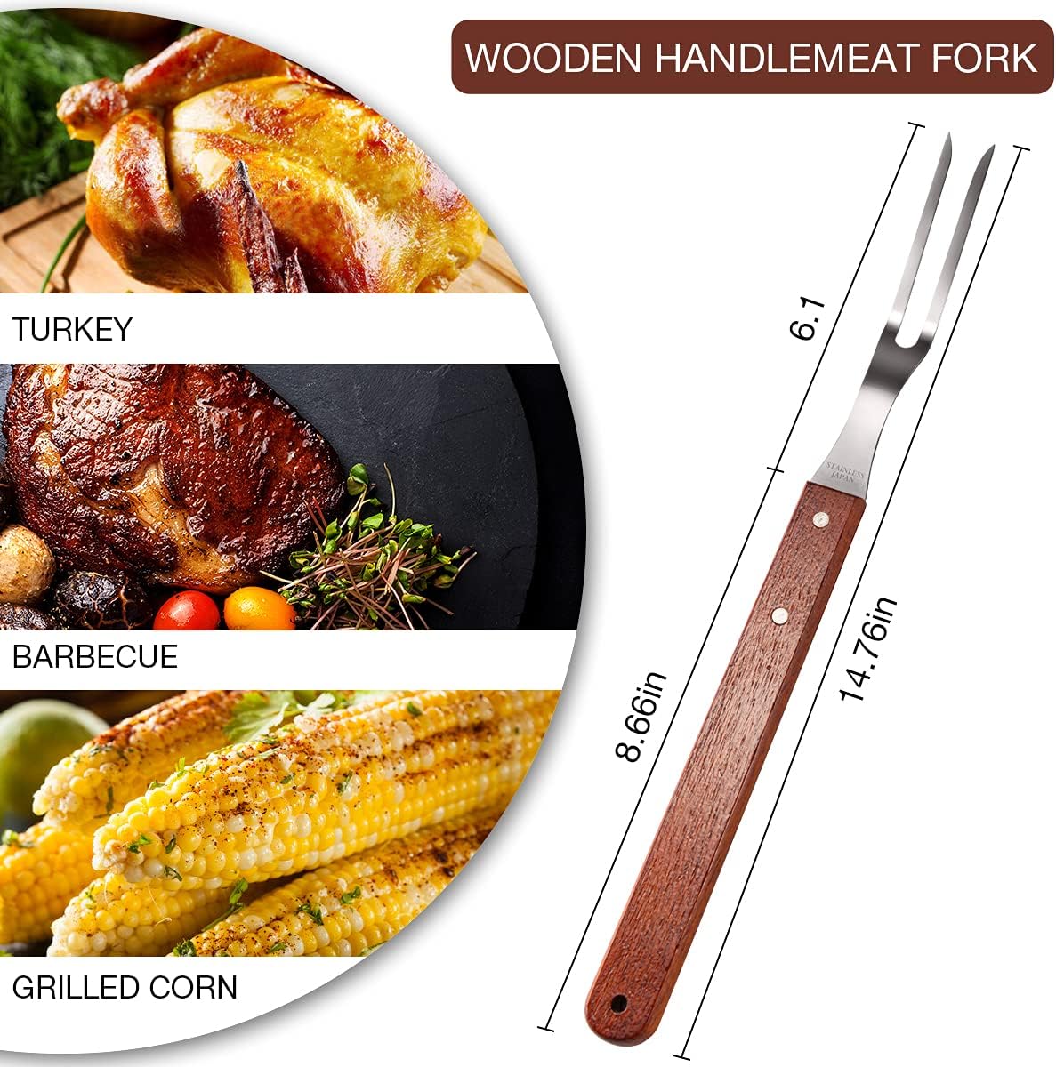 GEARLINTON Carving Fork 14.7 Inch Long Stainless Steel Meat Fork Barbecue Fork for Kitchen Roast Grilling Turkey Carving Wooden Handle, 3 Pieces: Home & Kitchen