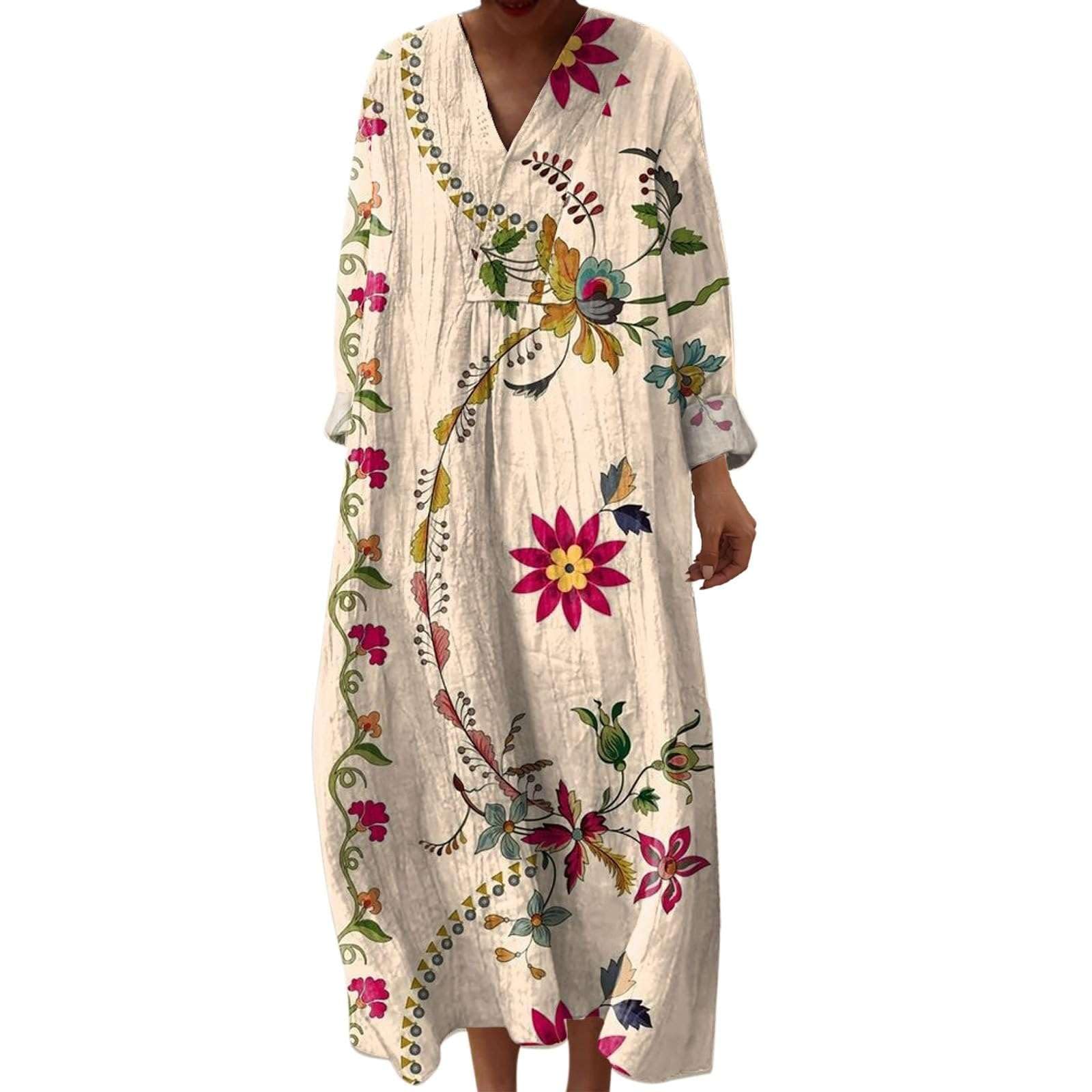 Générique Robe Longue Femme Ete Boheme Plage Col V Manches Longues Color Block Rayures Ample Decontractee Vacances Maxi Robes Fluide Casual Quotidien Elegante