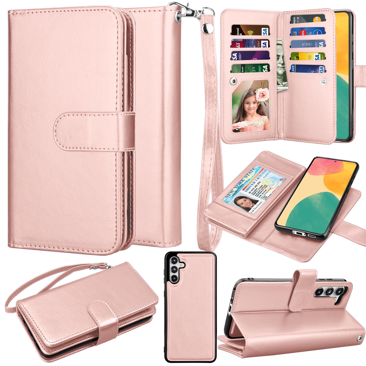 Takfox for Samsung Galaxy S23 FE 5G Wallet Case, Galaxy S23 FE 5G Case Wallet, PU Leather Credit Card Holder [9 Card Slots] Folio Flip Detachable Magnetic Cover Kickstand & Carrying Strap-Rose Gold