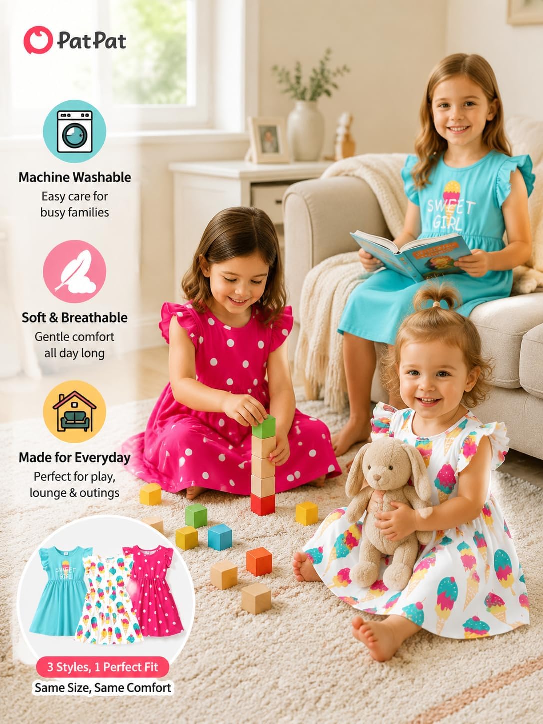 PATPAT Girls Ruffle Sleeve Twirl Dress Set 2/3 Pack Cute Summer Outfit