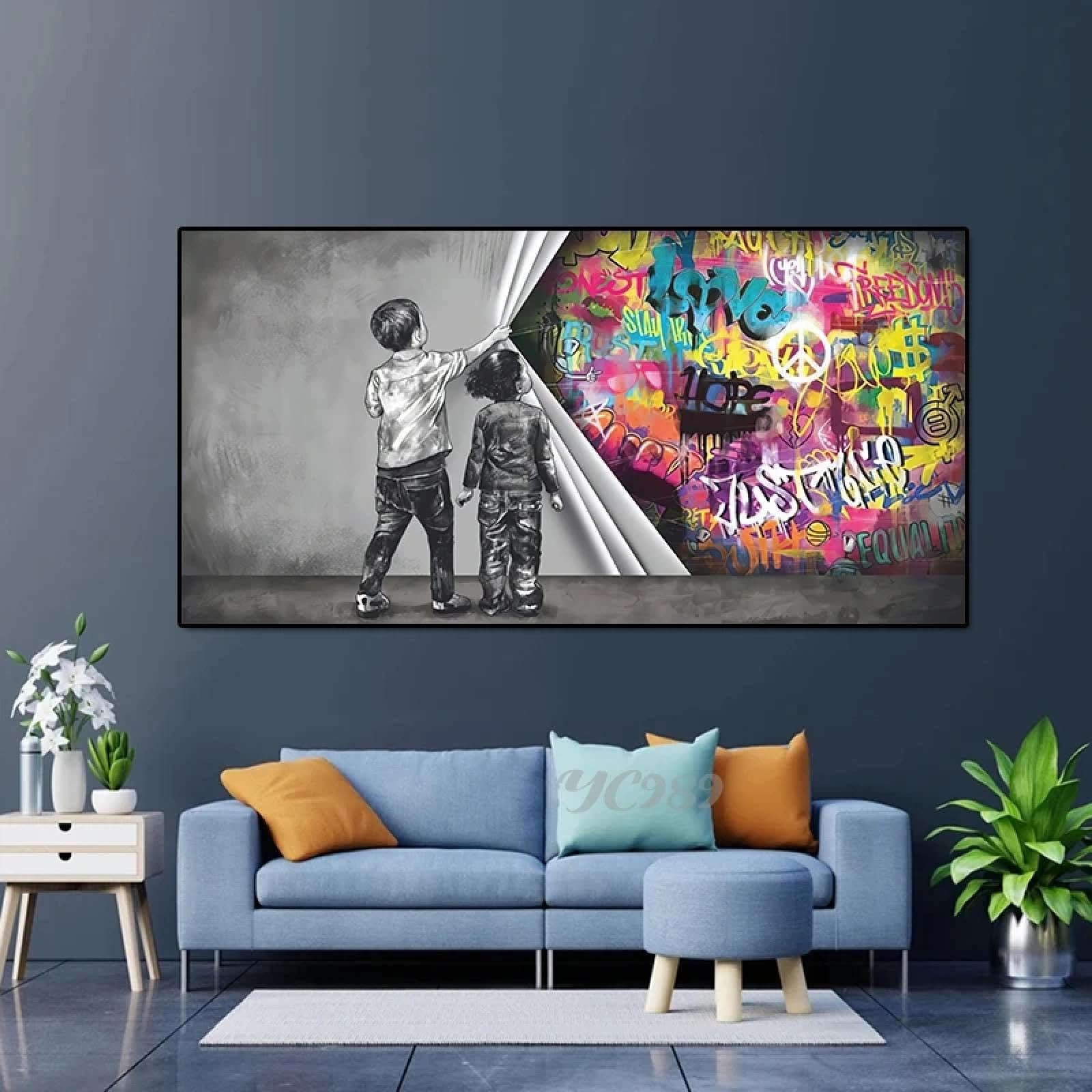 JACBON Street Graffiti Art Behind the Curtain Canvas Painting,Boy and Girl Find Love,Banksy Wall Art Poster Print for Home Decor 60x120cm Frameless