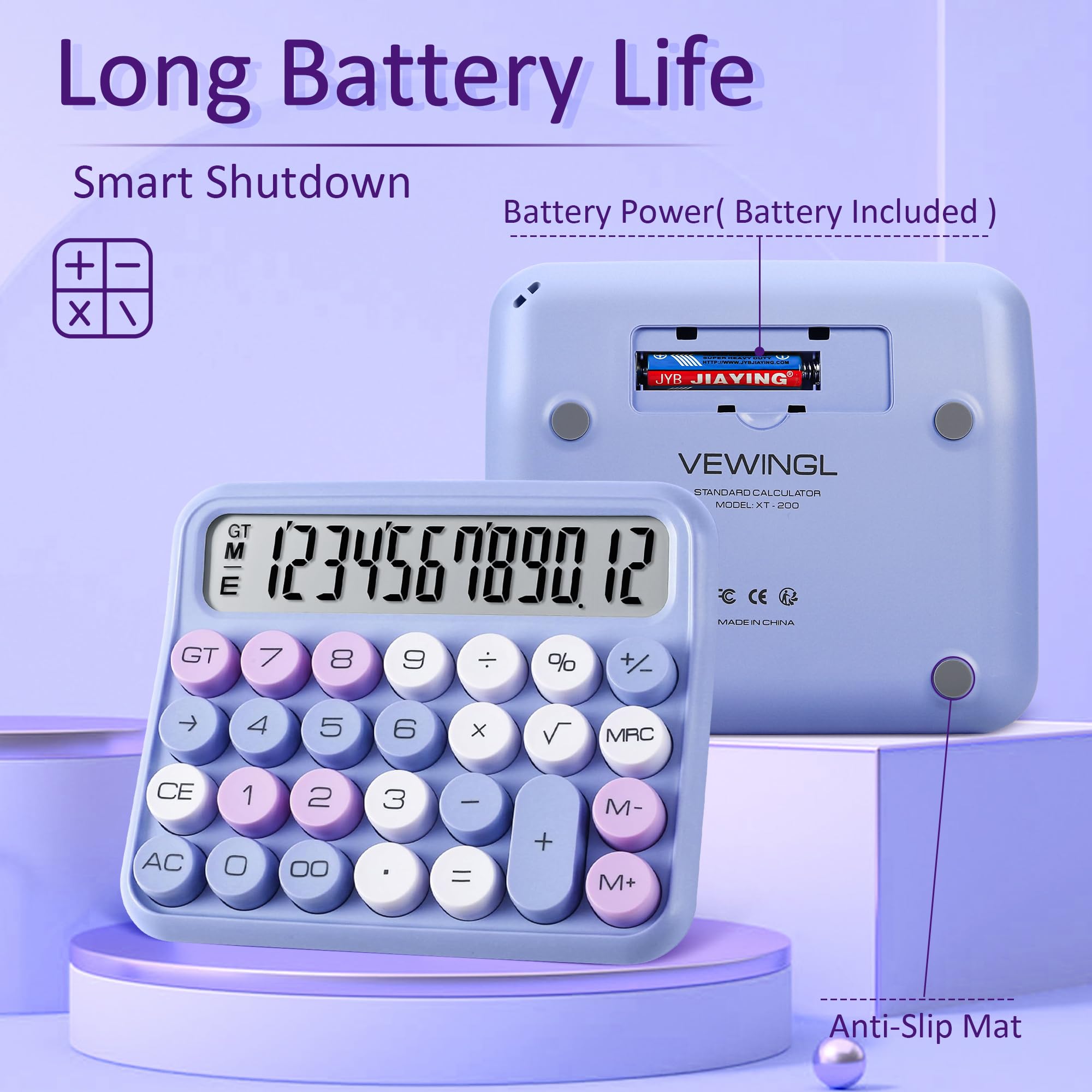 VEWINGL Mechanischer Taschenrechner, violetter Taschenrechner, niedliches 12-stelliges LCD-Display und Tasten, Taschenrechner mit großem LCD-Display, ideal für den Alltag und grundlegende Büroarbeit
