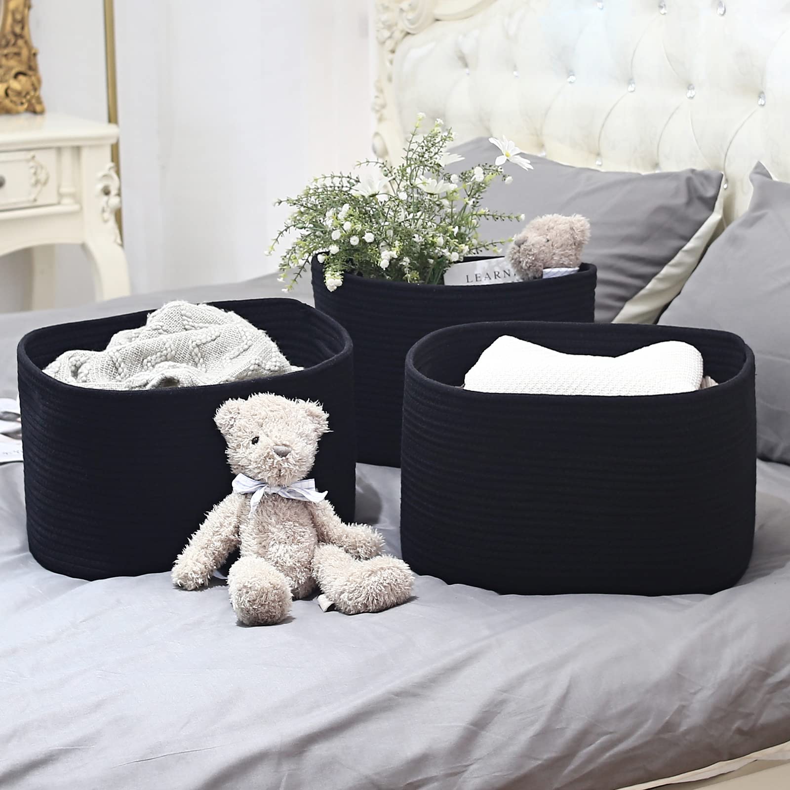 ECDYQXVU Cesto portaoggetti in corda di cotone, 38 x 25 x 22 cm, cestino intrecciato per mensole, vestiti, giocattoli, asciugamani, libri e biancheria, durevole ed elegante, nero (confezione da 3)