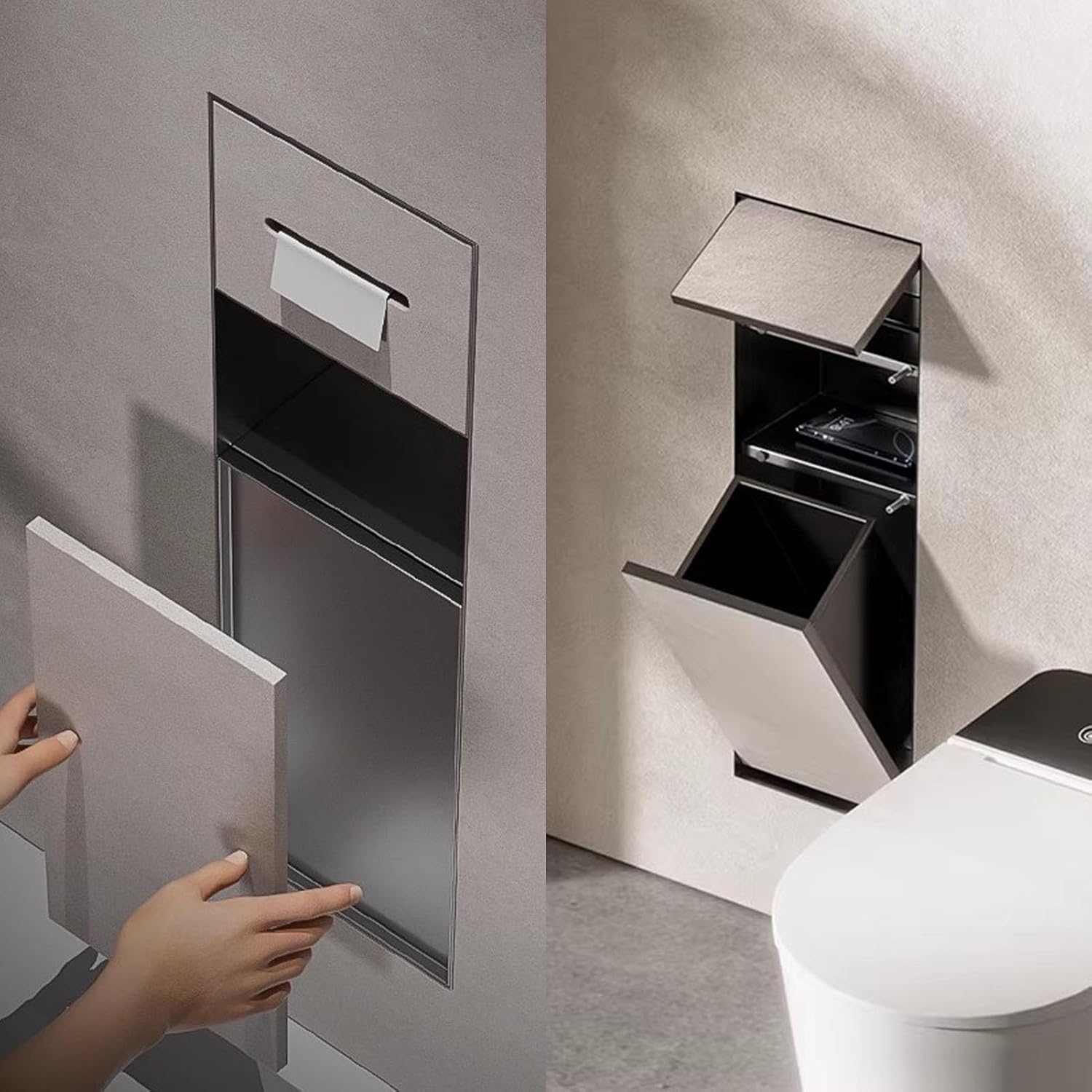 Soporte empotrado para papel higiénico con armario oculto y cubo de basura, diseño moderno para almacenamiento de baño y cocina