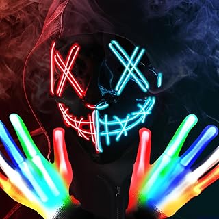 Halloween Light Up Mask,LED Purge Mask with Gloves,Scary Cool Teen Halloween Costumes Mask for Women Kids Boys