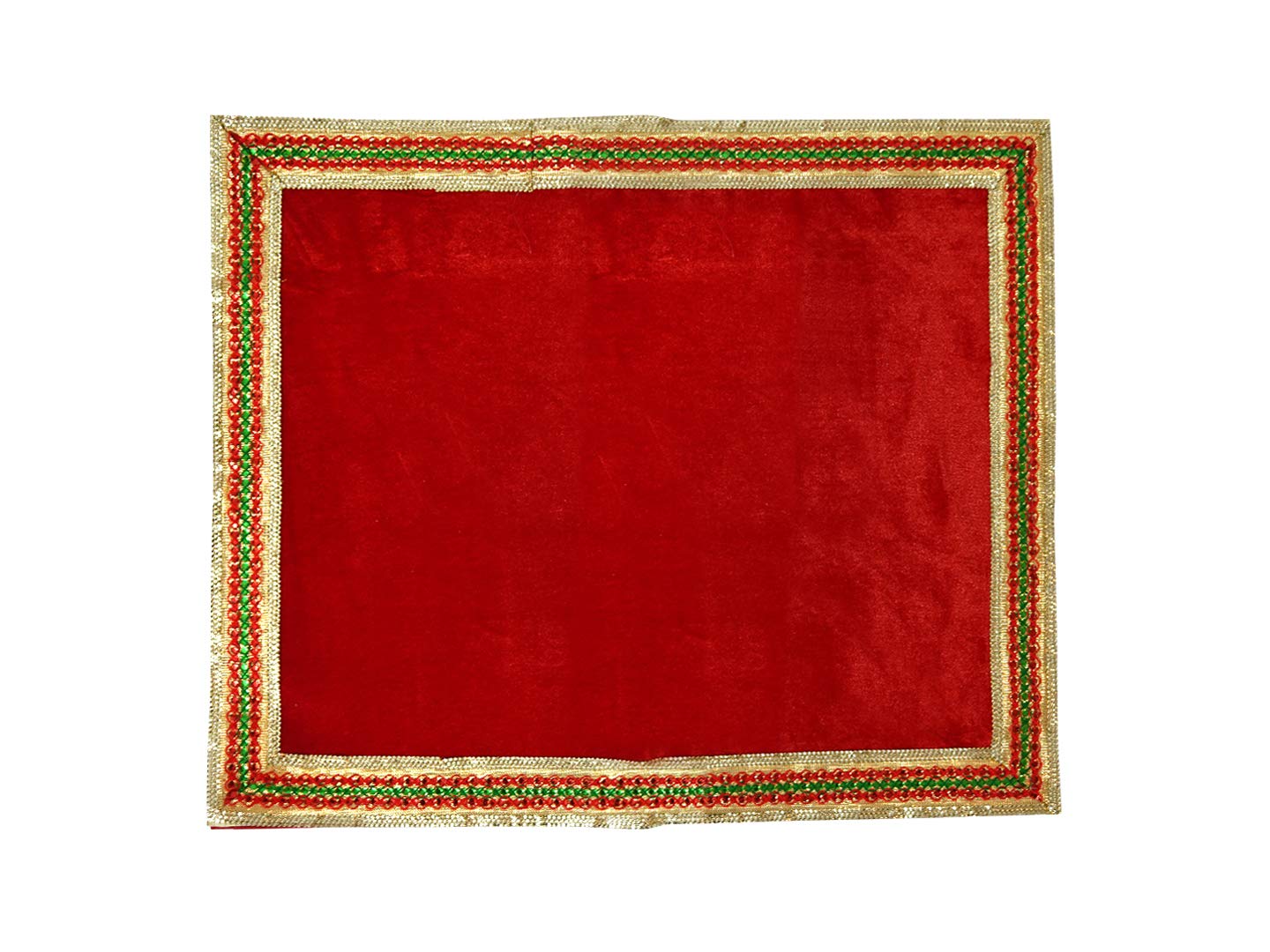 Red/Pink/Yellow/Orange Velvet Pooja Mat Asan Pooja Cloth with Multicolour Borders and Back Bookram for Grip (Size - 20"X16" Inch) (Single Piece)-image-27