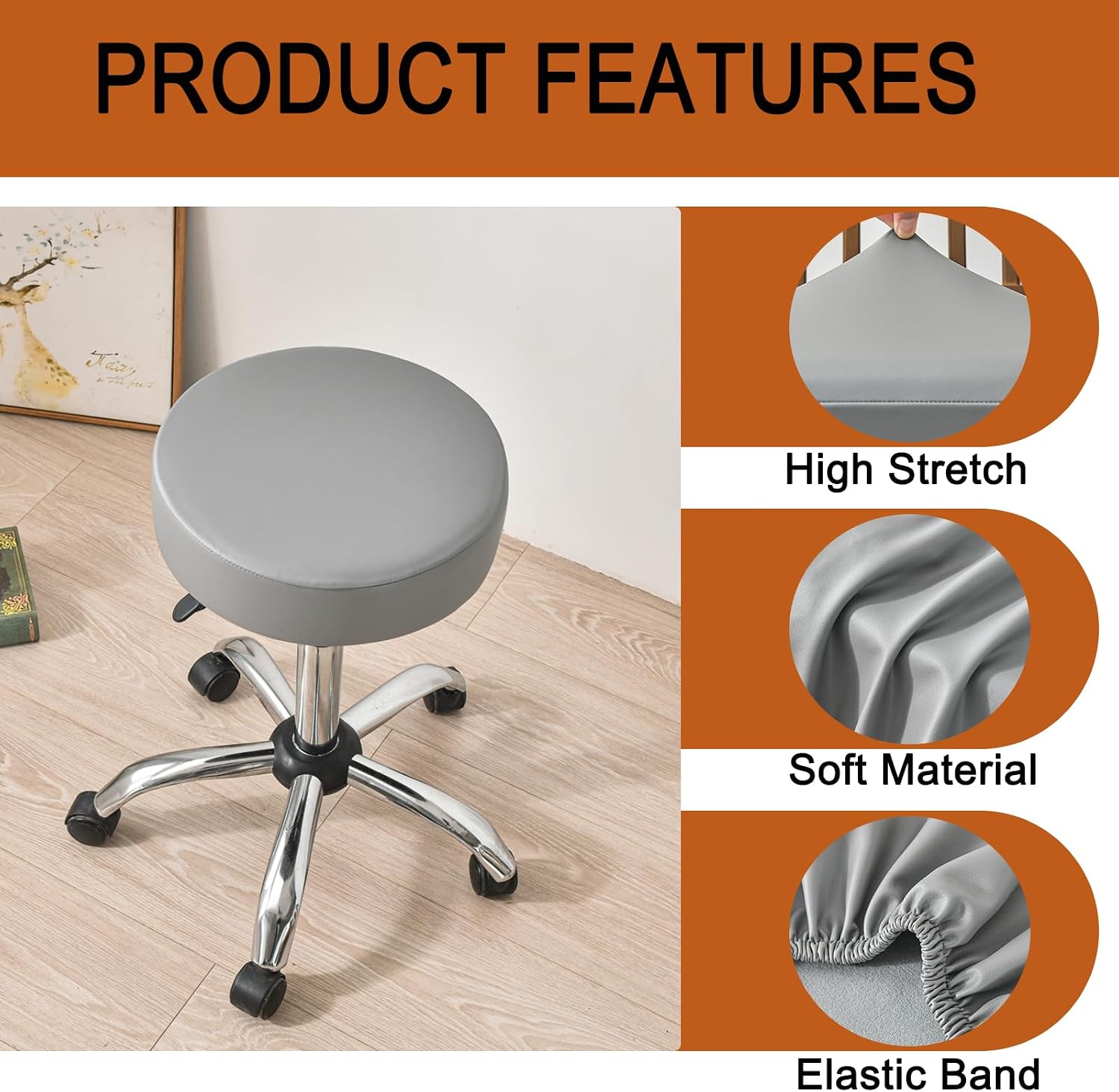 HAOYONG Round Bar Stool Covers Set of 4 Waterproof PU Barstool Seat Covers Stretch Barstool Slipcovers Bar Chair Covers with Non Slip Bottom for 12-15 Inch (Grey, Set of 4)