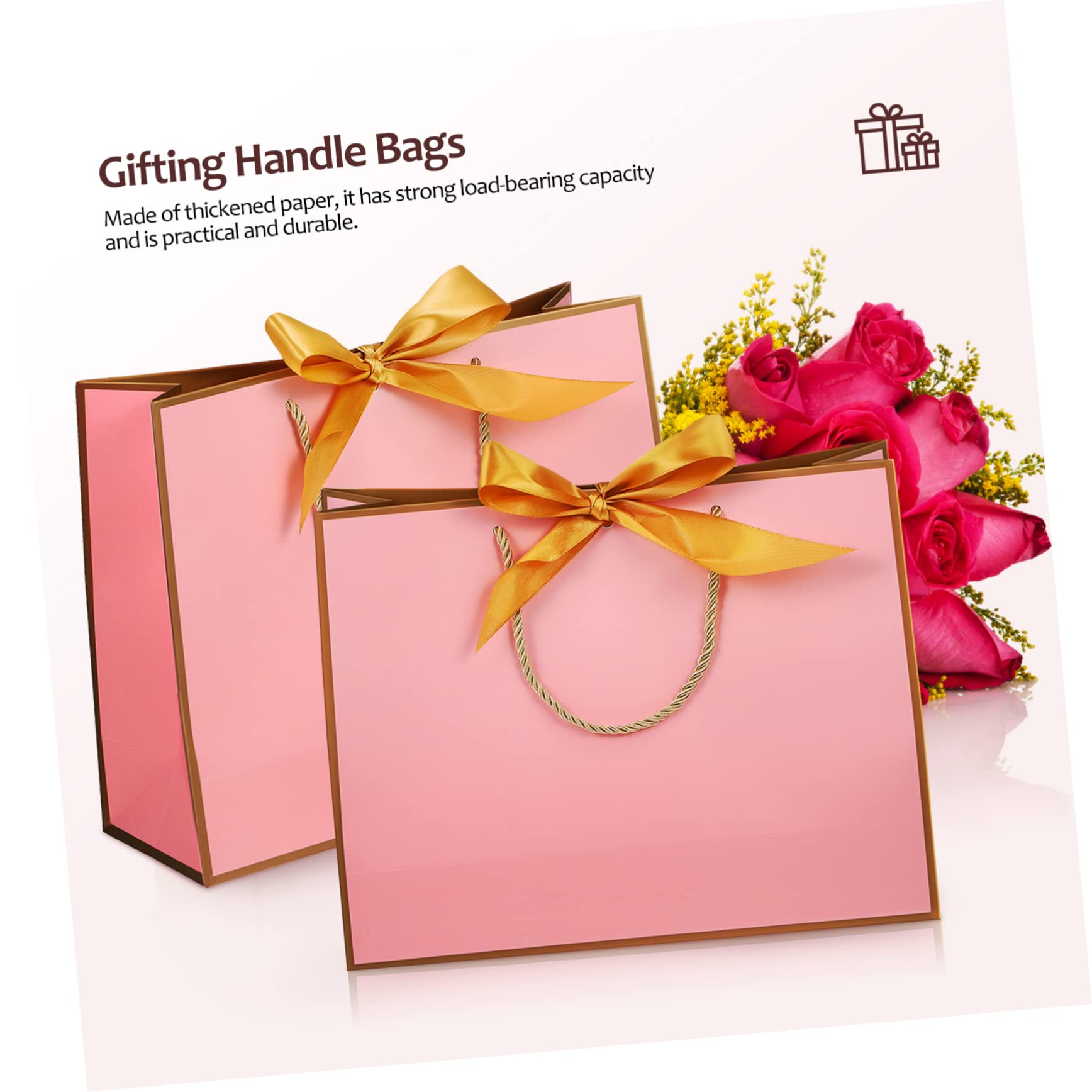 Bolsas de Obsequio Lazo Rosa de Papel, 10 Piezas para Boda y Fiesta | Asa Resistente, Diseño, Acabado Marco Dorado, Adecuado para Celebraciones y Obsequios