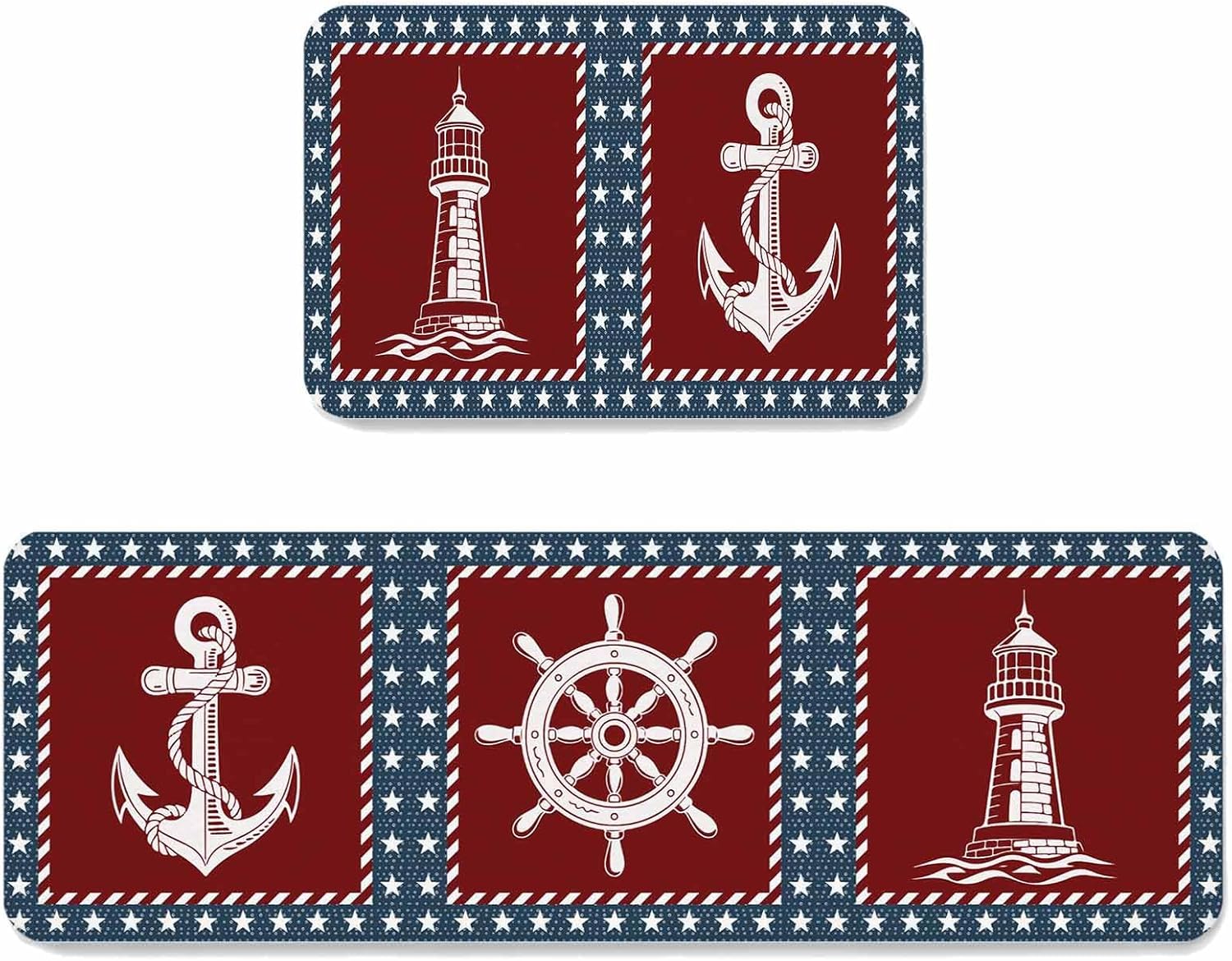 Prime Leader Independence Day Kitchen Mat Set 2 Pieces America Flag Star Ocean Lighthouse Anchor Rudder Non Slip Kitchen Rugs Washable Runner Rug Mats for Sink Laundry (15.7" x 23.6"+15.7" x 47.2")