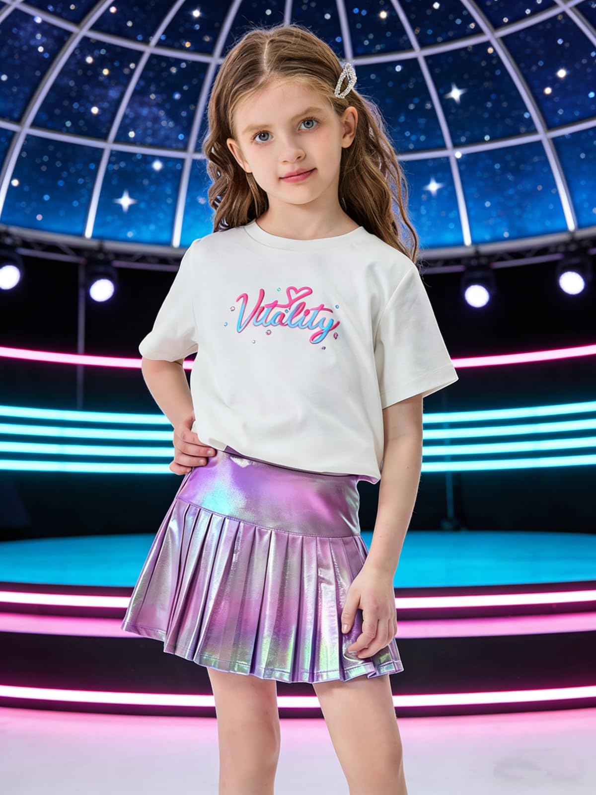 Miipat Gonna Metallizzata Scintillante A Pieghe per Bambina, Plissettata Gonna con a Pantaloncini Interni e Tasche Ragazze Minigonna Lucide Vita Elastica per Bambini Festa Ballo Danza Tennis