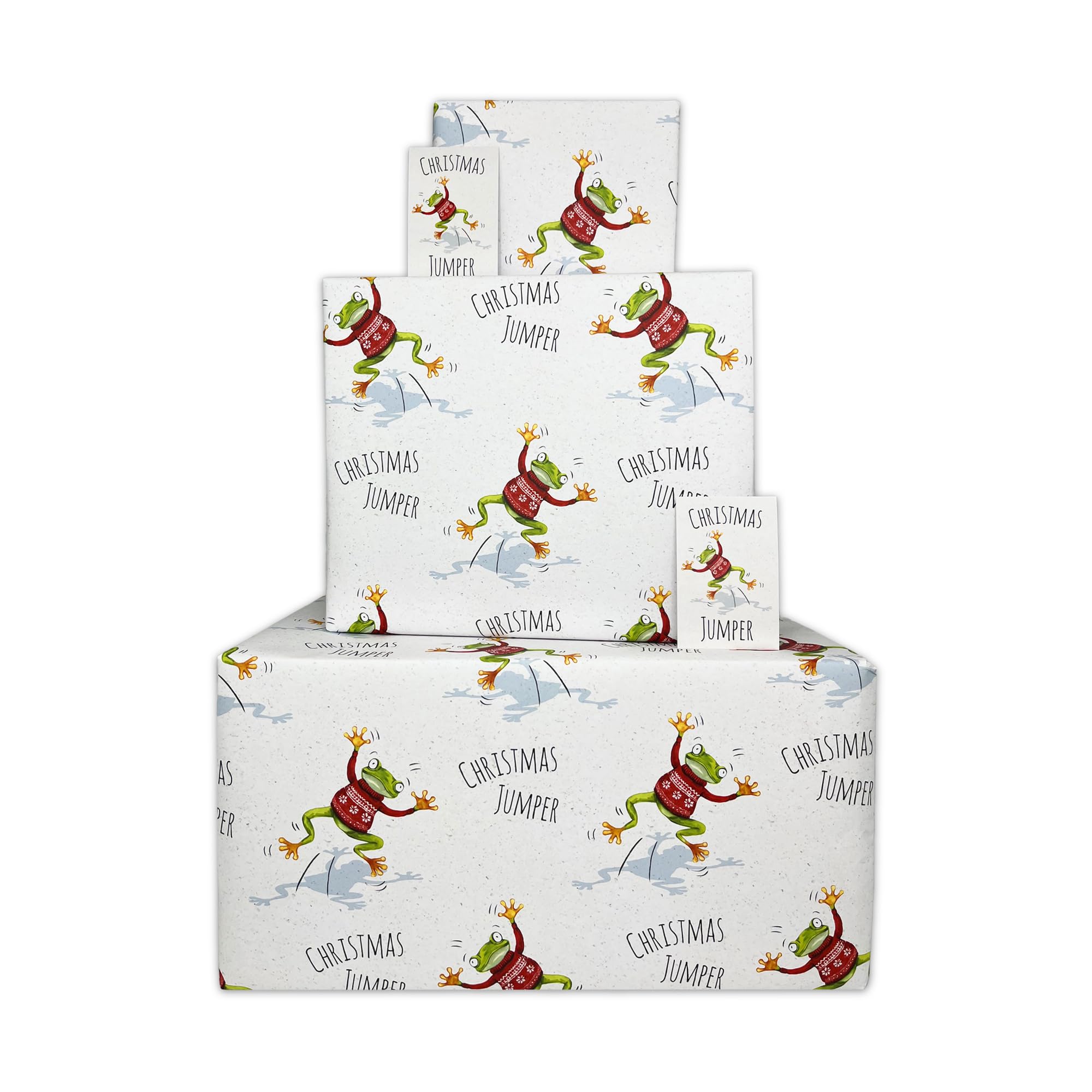 Twizler Funny Christmas Wrapping Paper & Matching Card - Frog Christmas Jumper - 6 Sheets & 6 Tags & Matching Card - 70cm x 50cm Folded Sheets - Funny Xmas Gift Wrap