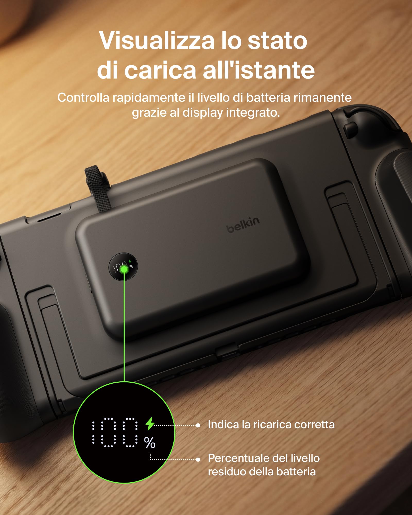 Belkin Gaming Impugnatura Ricarica Nintendo Switch 2, Power bank 10K, Nero | Caricatore Portatile 10000mAh, 30W, Caricatore Magnetico, Compatibilità Supporto, Maniglia Antiscivolo Ergonomica, Display