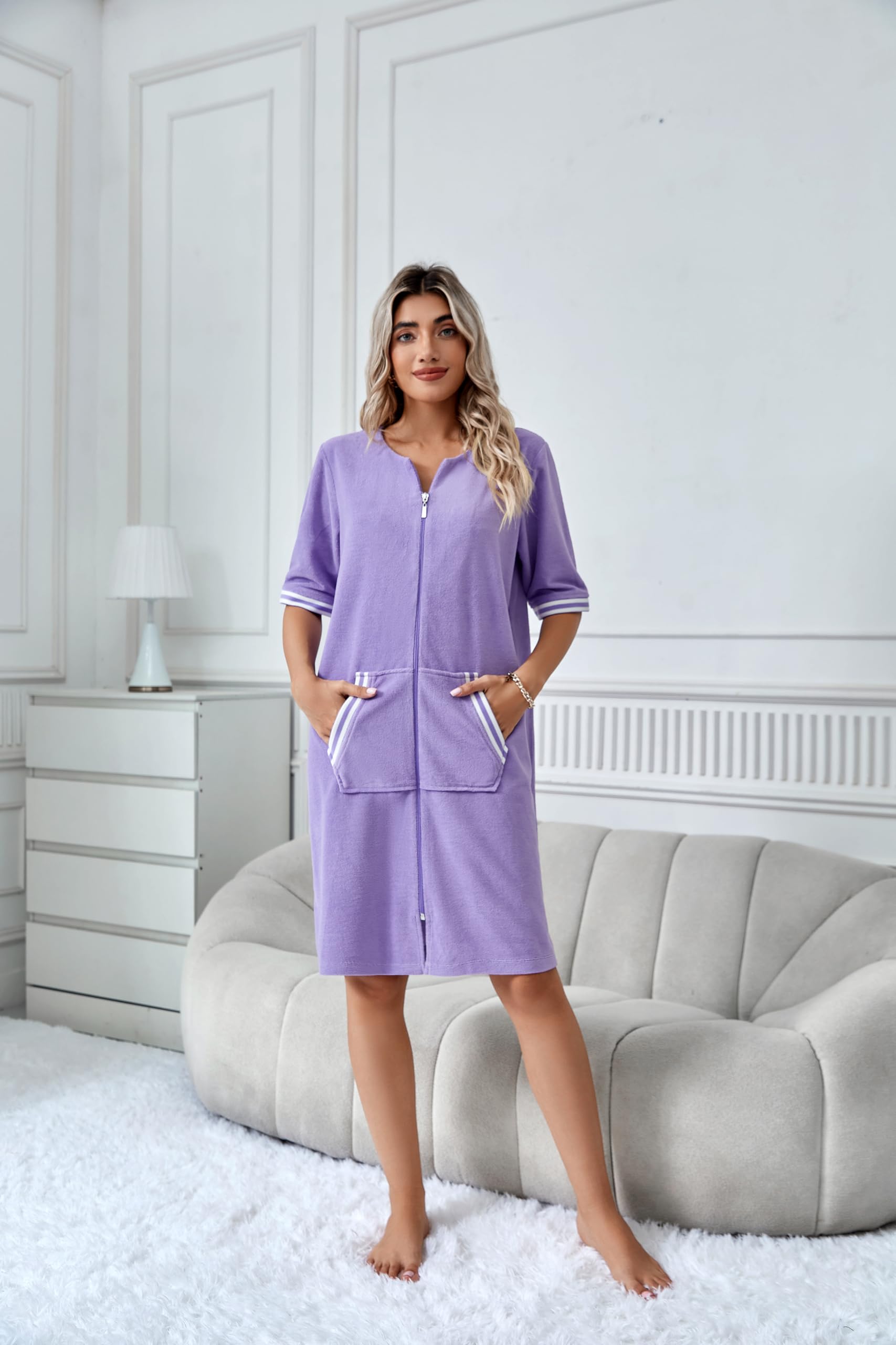 Richie House RH Housecoat Women Zipper Front Duster Robe 3/4 Lounger Housedress Pocket Nightgown S-3XL RHW4008-B-XXL Purple
