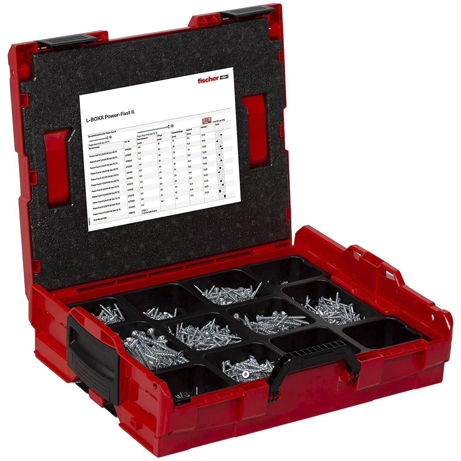 fischer PowerFast II in der handlichen L-Boxx, 1800 x PowerFast II Schrauben in vers. Größen mit Voll-und Teilgewinde, Spanplattenschraube für eine schnelle und flexible Verarbeitung, inkl. Bit Set