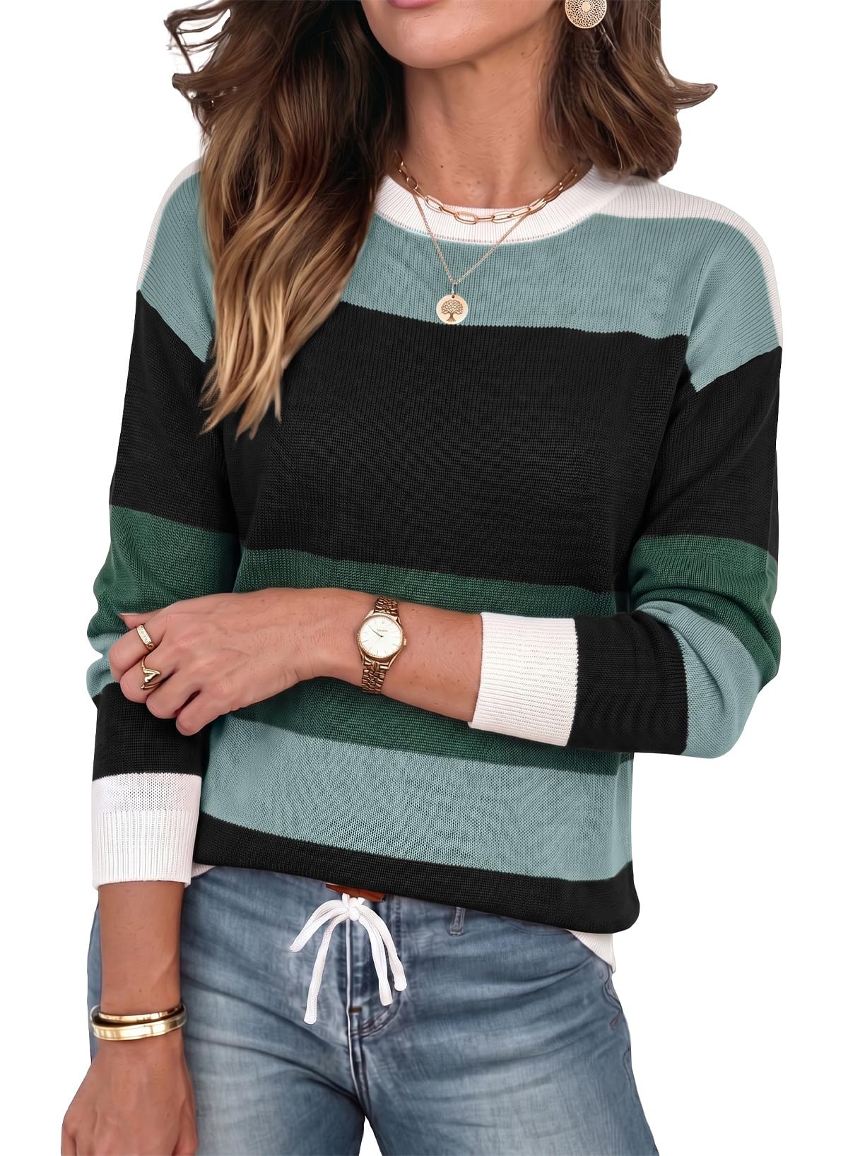 Dokotoo Womens Sweaters Striped Fall Winter Outfits 2025 Crewneck Drawstring Color Block Fashion Clothing